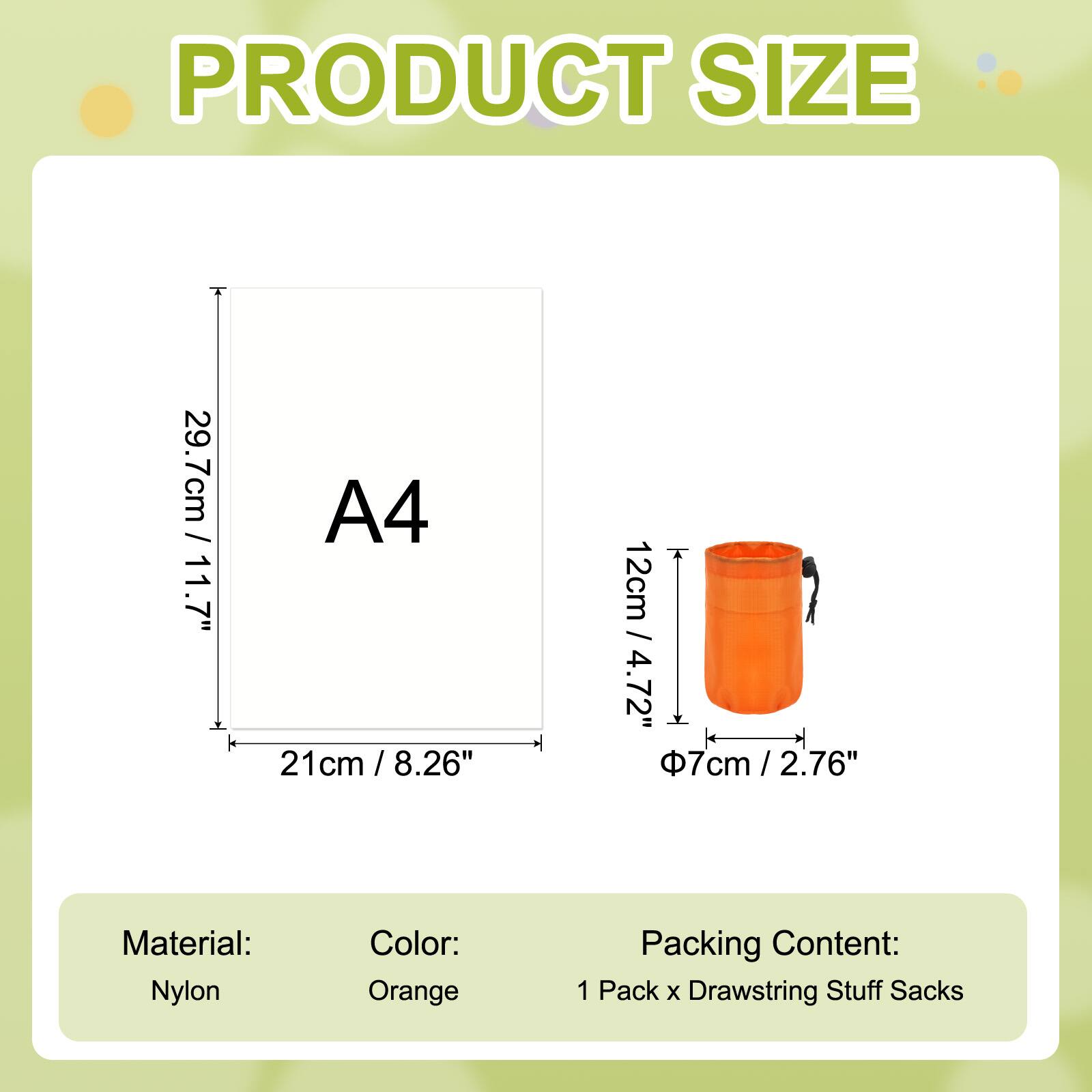 PRODUCT SIZE  
A4  
29.7cm / 11.7"  
21cm / 8.26"  

CT SIZE  
12cm / 4.72"  
Φ7cm / 2.76"  

Material: Nylon  
Color: Orange  
Packing Content: 1 Pack x Drawstring Stuff Sacks