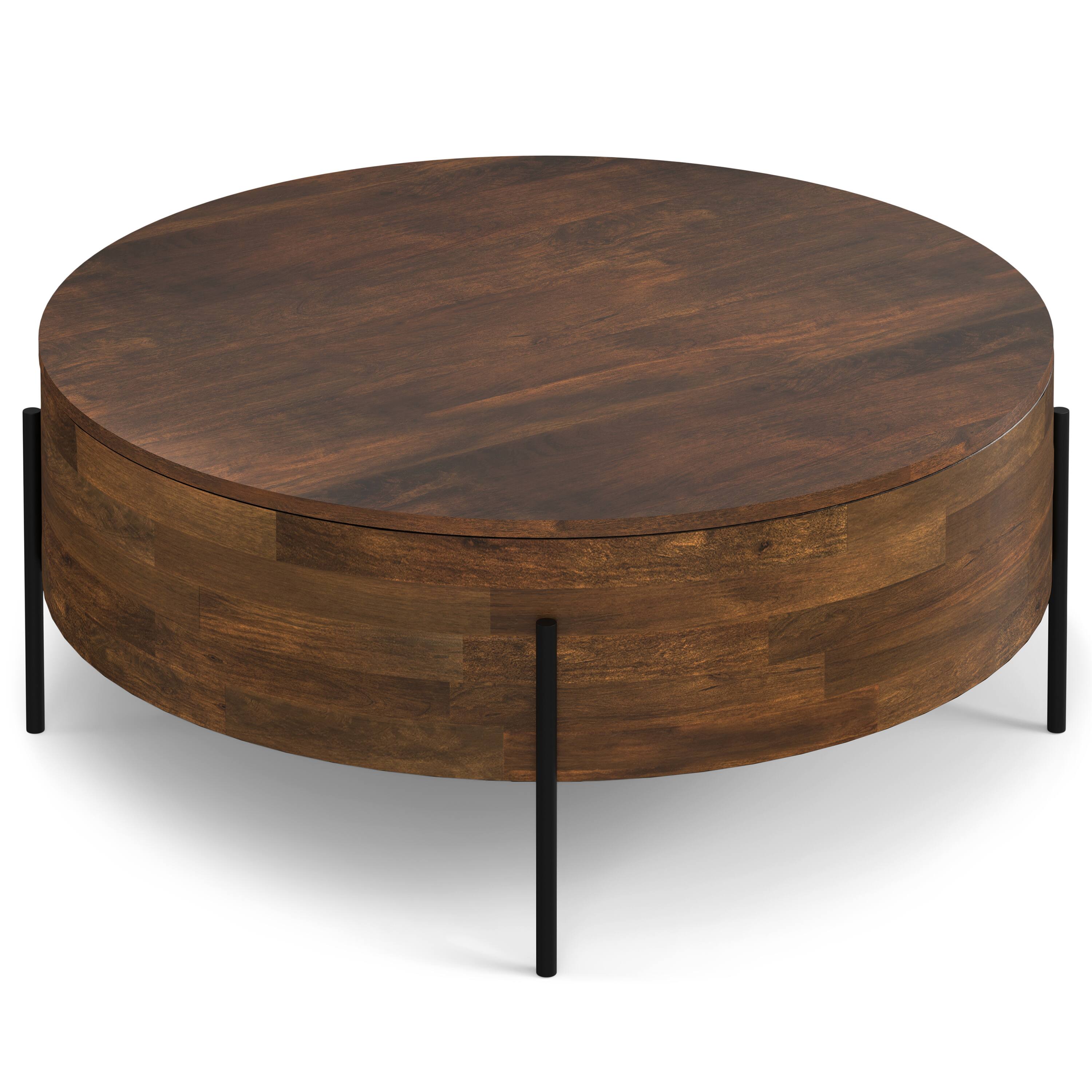 Alt View 4. Simpli Home - Rayburn SOLID MANGO WOOD 38 inch Wide Round Modern Urban Drum Coffee Table in Walnut Brown - Walnut Brown.