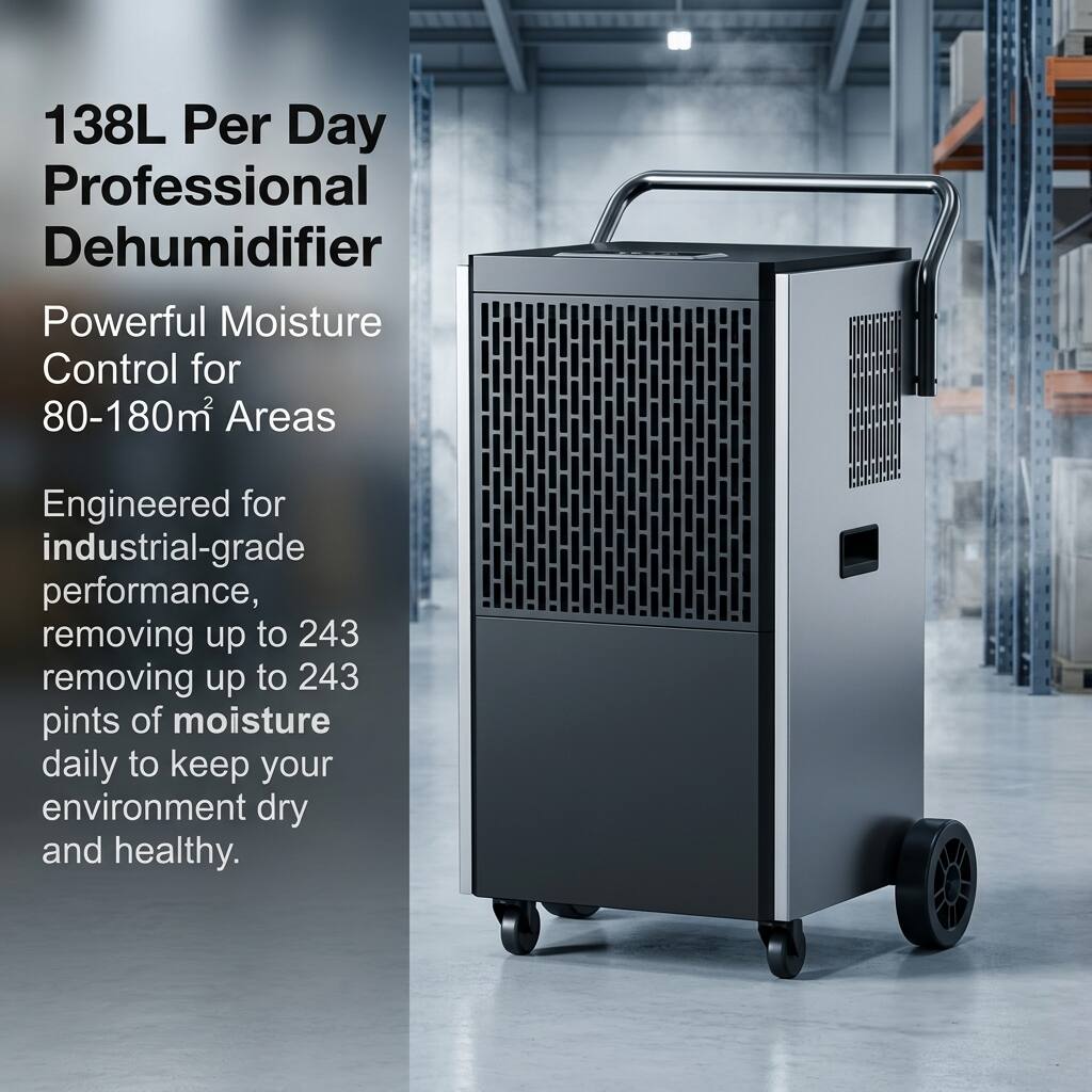 138L Per Day Professional Dehumidifier  
Powerful Moisture Control for 80-180m² Areas  
Engineered for industrial-grade performance, removing up to 243 pints of moisture daily to keep your environment dry and healthy.