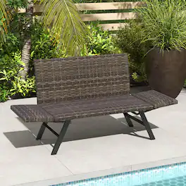 Costway - Patio Convertible Sofa for 2 with Adjustable Armrests Metal Frame Wicker Couch - Gray