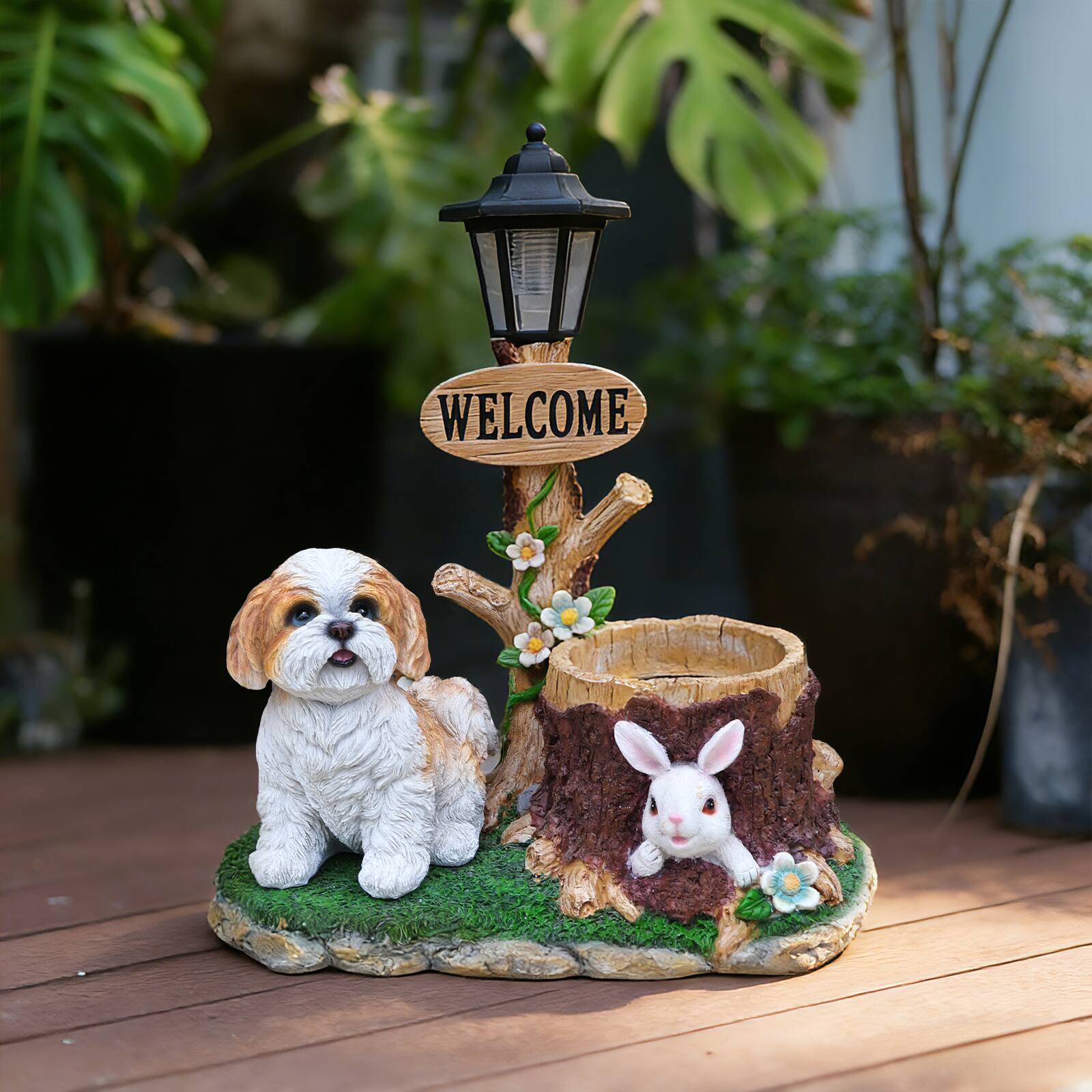 Left. Anysun - Sitting Dog Solar Lantern Planter Statue – Charming Garden Decor with Built‑In Light and Flower Pot, Outdoor Use - Brown.