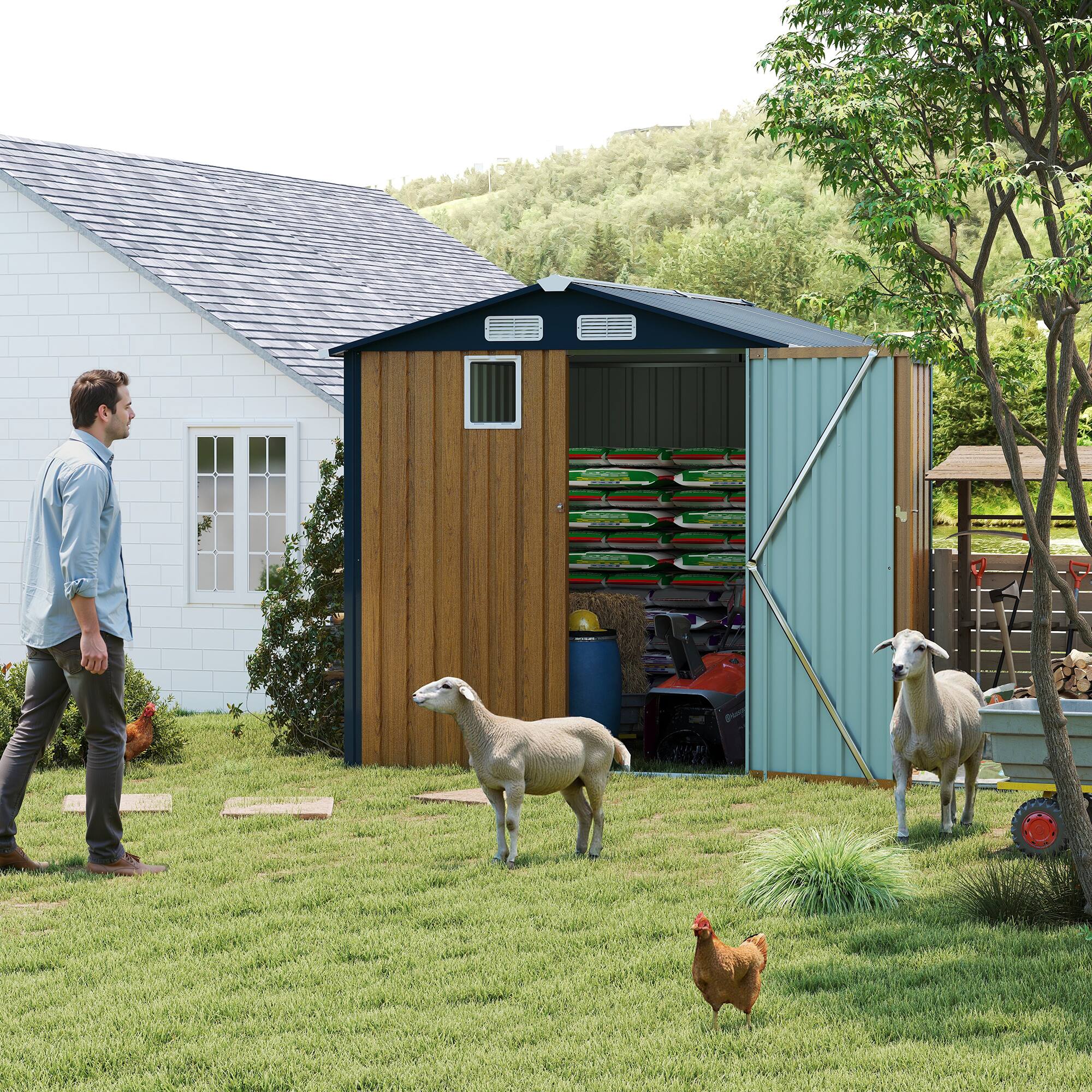 Back. Anysun - 6x8ft Outdoor Steel Storage Shed with Lockable Doors, Clear Window & Air Vents Backyard or Patio - Yellow.