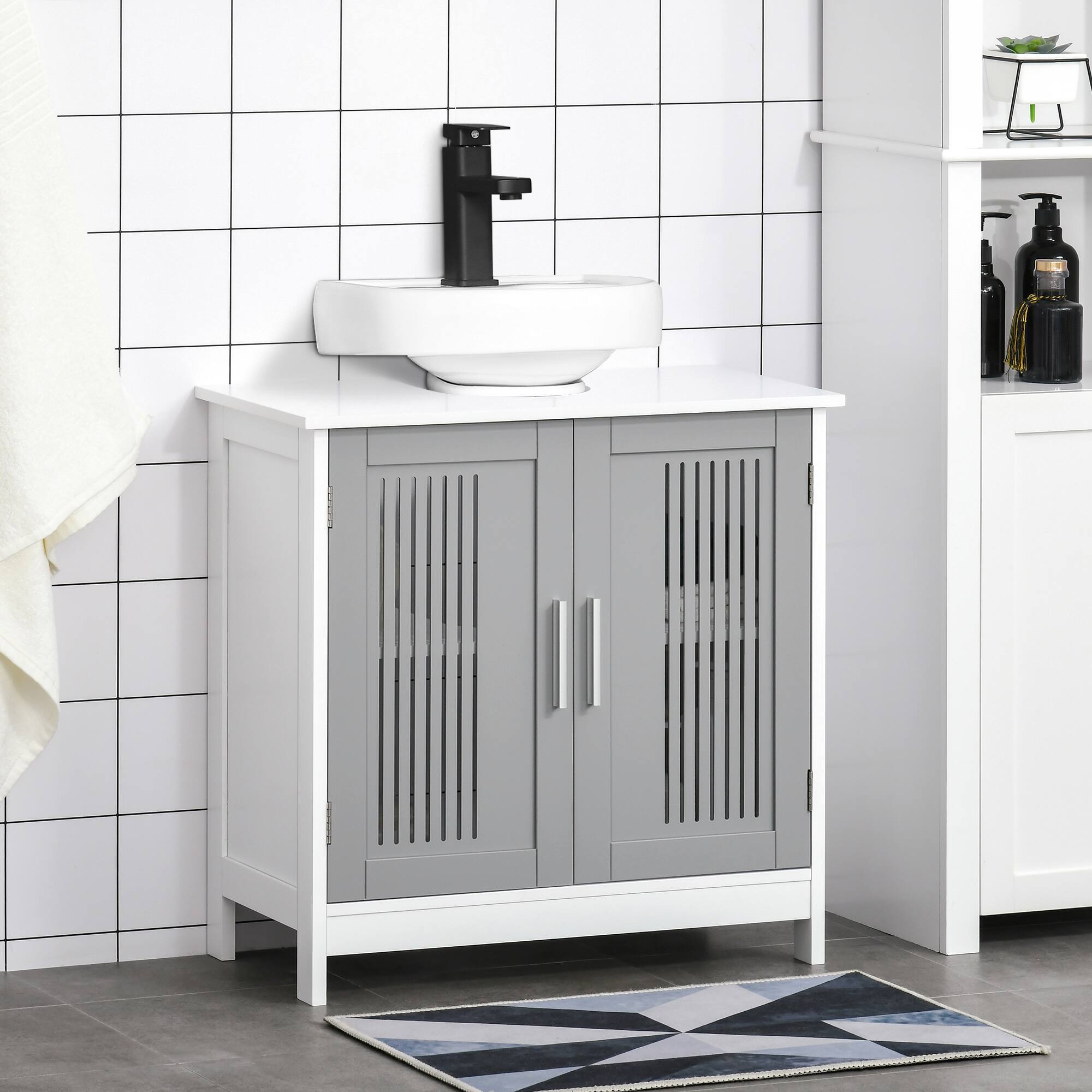 Alt View 1. Kleankin - Modern Under Sink Cabinet with 2 Doors, Pedestal Under Sink Bathroom Cupboard, Bathroom Vanity Cabinet - White, Grey.