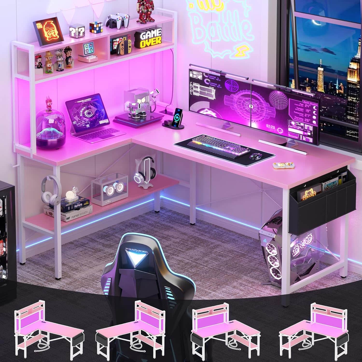Zell Electronics - 59 Inch L-Shaped Gaming DeskLED, Power Outlets, Shelves & Storage for Corner Office Setup - Pink