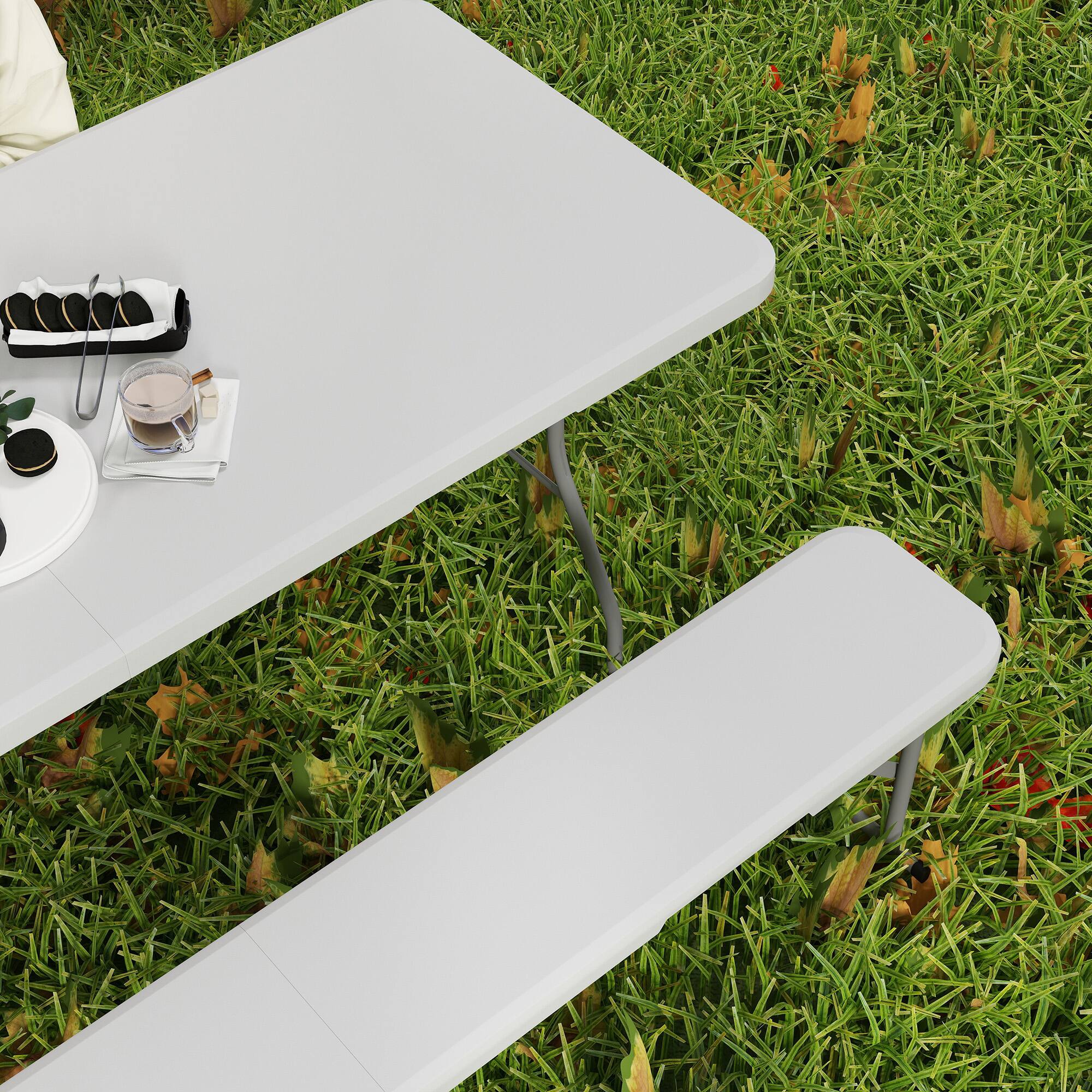 Alt View 7. Outsunny - 6FT 3-Piece Portable Picnic Table Bench Set, Folding Camping Table and Chairs with Carrying Handles - White.