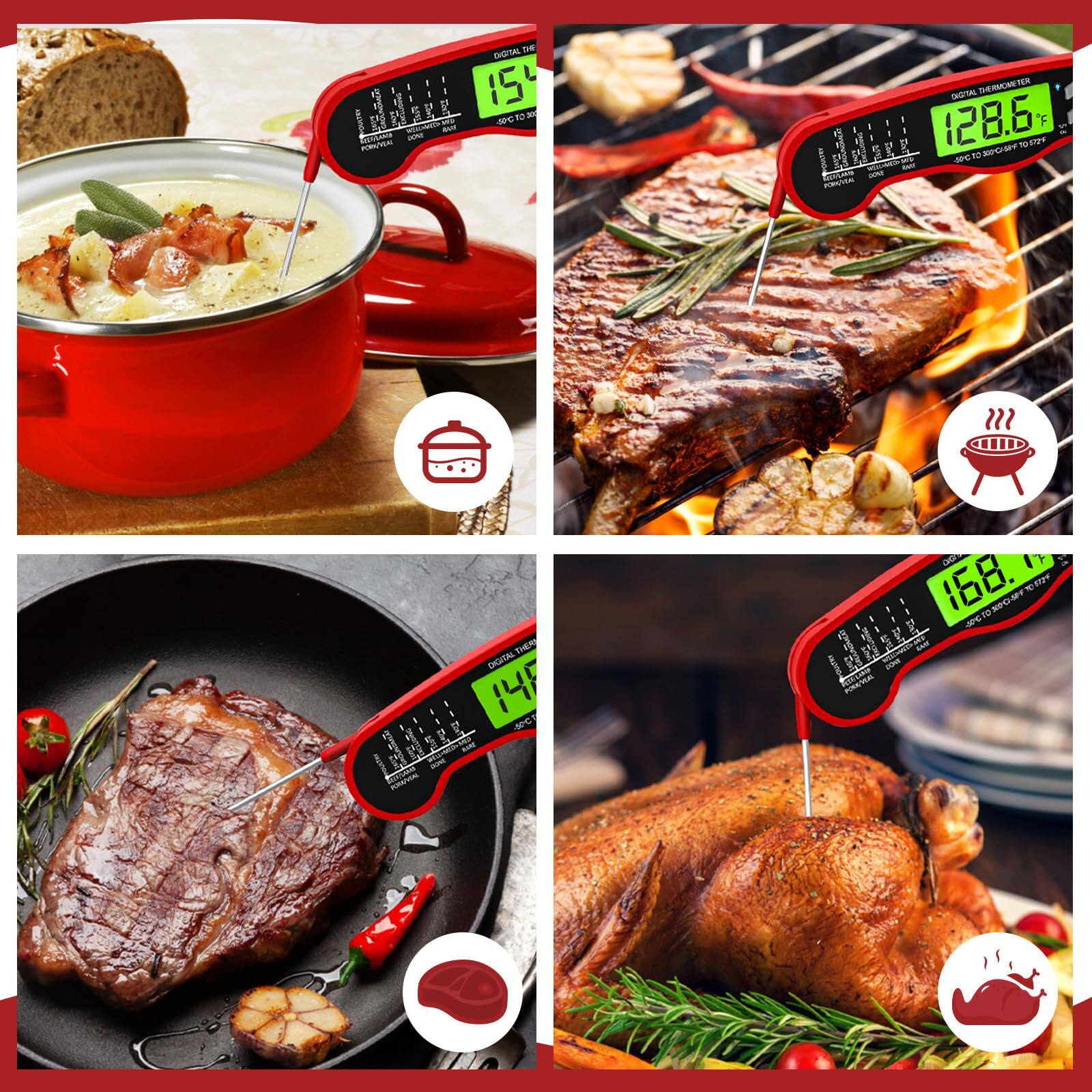 - 154°F for soup
- 128.6°F for steak
- 147°F for steak
- 168.1°F for chicken