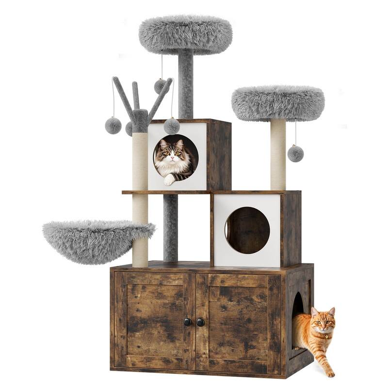 Front. GARVEE - 57.5" Cat Tree w/Litter Box Enclosure, Condo & Hammock - Modern 2-in-1 Tower w/Scratching Post, Perch & Storage - Brown.