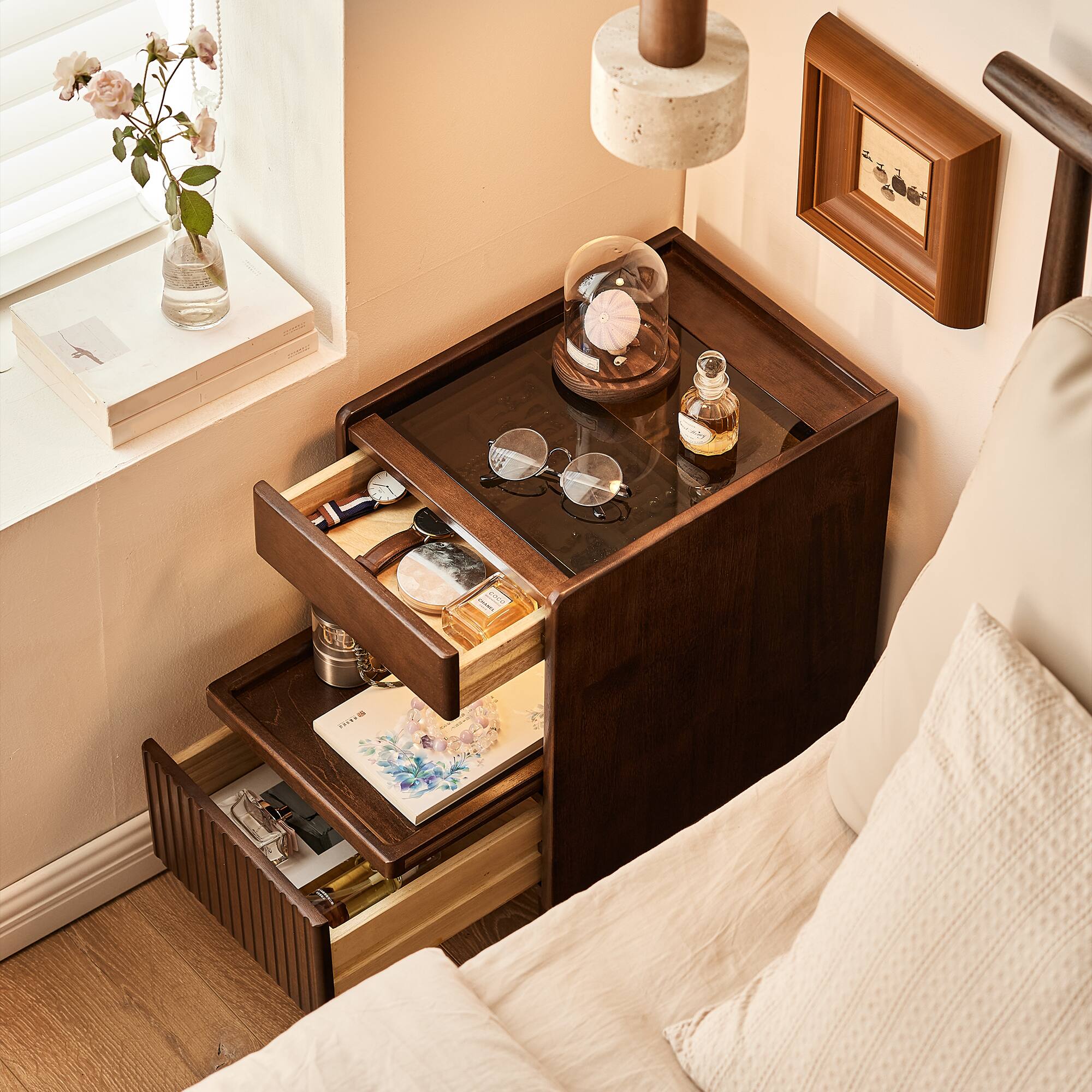 Left. Whisen - Narrow Bedside Nightstand with Drawer and Open Storage Shelf for Bedroom and Living Room - Walnut.