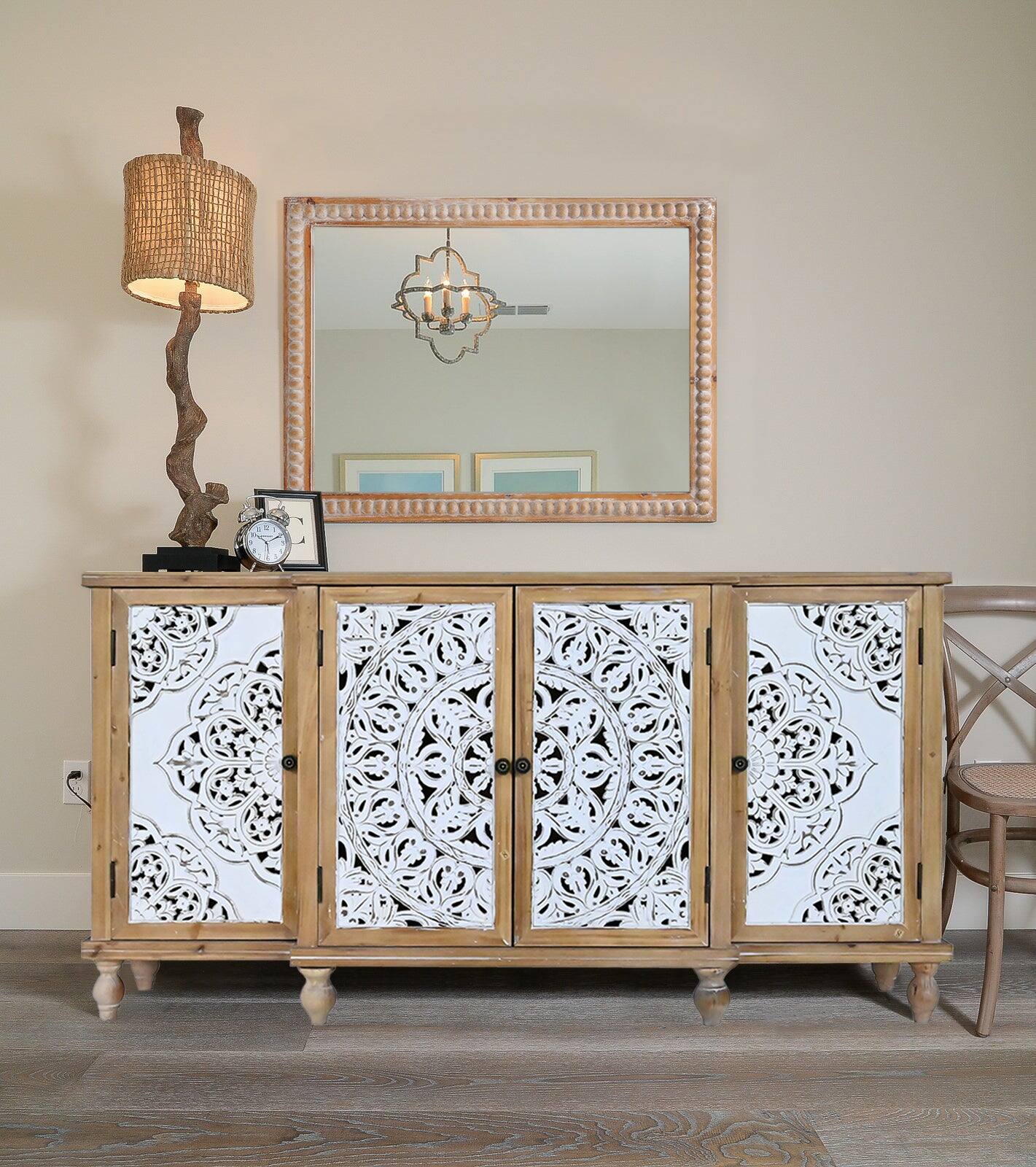 Left. BreeBe - 22x30 Wood Framed Wall Mirror for Bathroom Farmhouse Rectangle Vanity Mirror Horizontal/Vertical with Beading - Antique Natural.