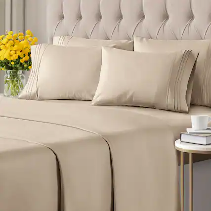 Front. CGK Linens - Ultra Soft Solid 6 Piece Sheet Set - Comfortable Bed Sheets & Extra Pillowcases - King - Cream.