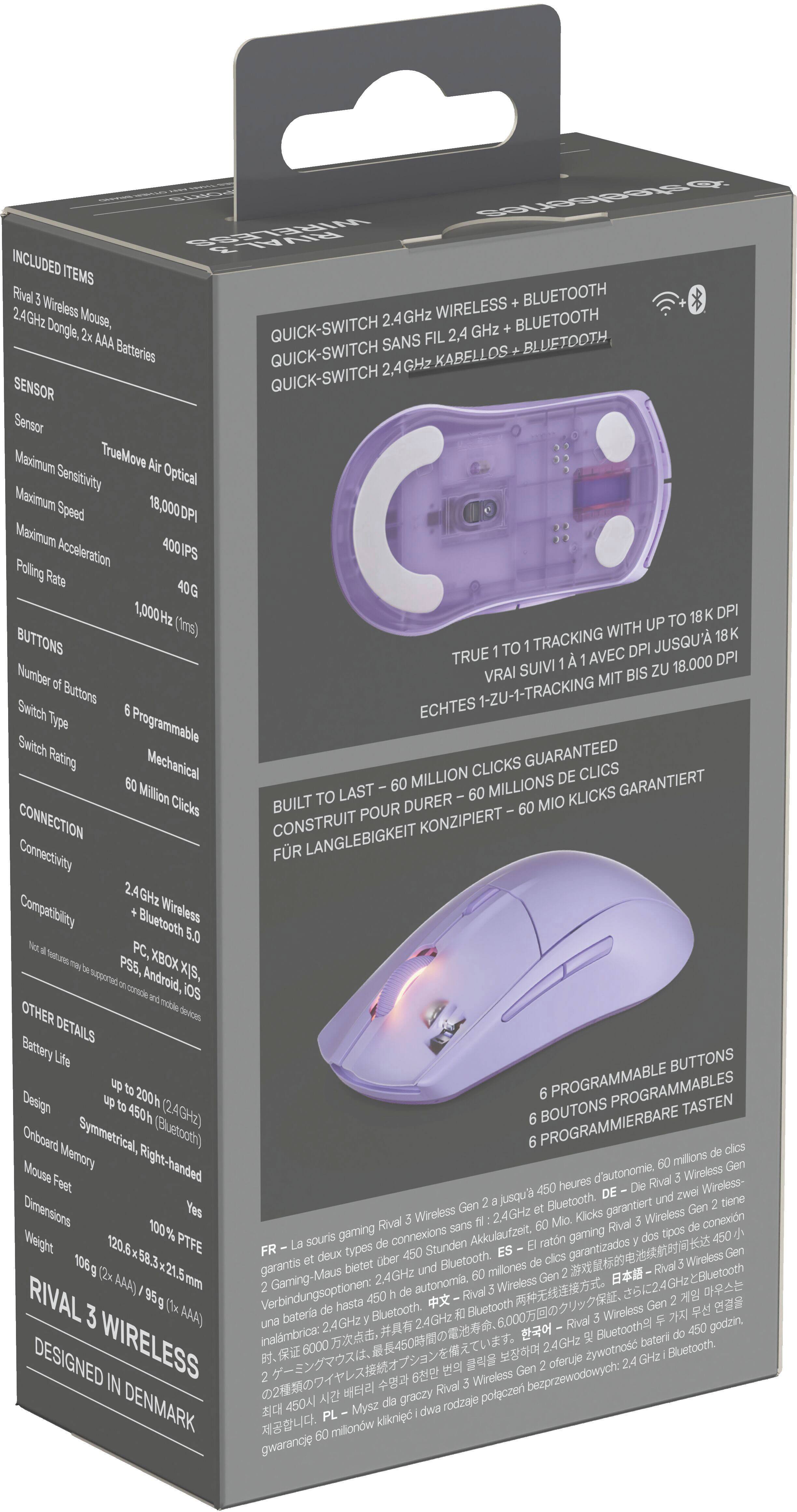 The box contains a wireless mouse with a Bluetooth dongle, a 2.4GHz sensor, and a 24GHz mouse. The mouse has a maximum true move sensitivity of 18,000 DPI, a maximum speed of 400 IPS, and an acceleration polling rate of 40G 1,000Hz. The box also includes a quick-switch sensor, a programmable switch, and a guaranteed million clicks. The mouse is compatible with Bluetooth wireless PCs, Xbox, PS5, Android, and other devices. The battery life is 200 hours, and the design is symmetrical. The box is for right-handed use, and the mouse has a wireless range of up to 30 feet.