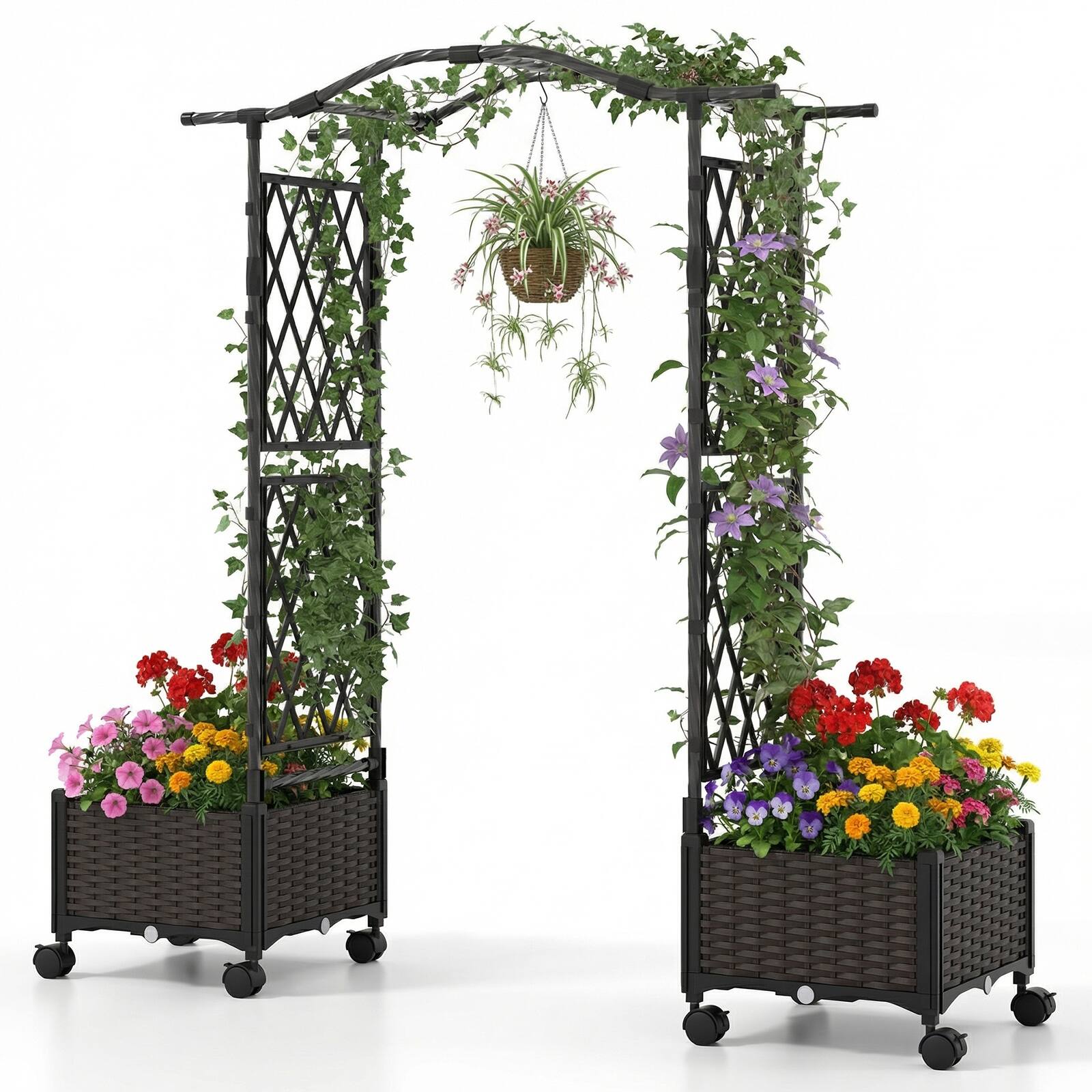 Alt View 9. Gymax - Gymax 5 FT Self-Watering Planter Boxes w/ Lattice Trellis & Roof Lockable Wheels - Brown.