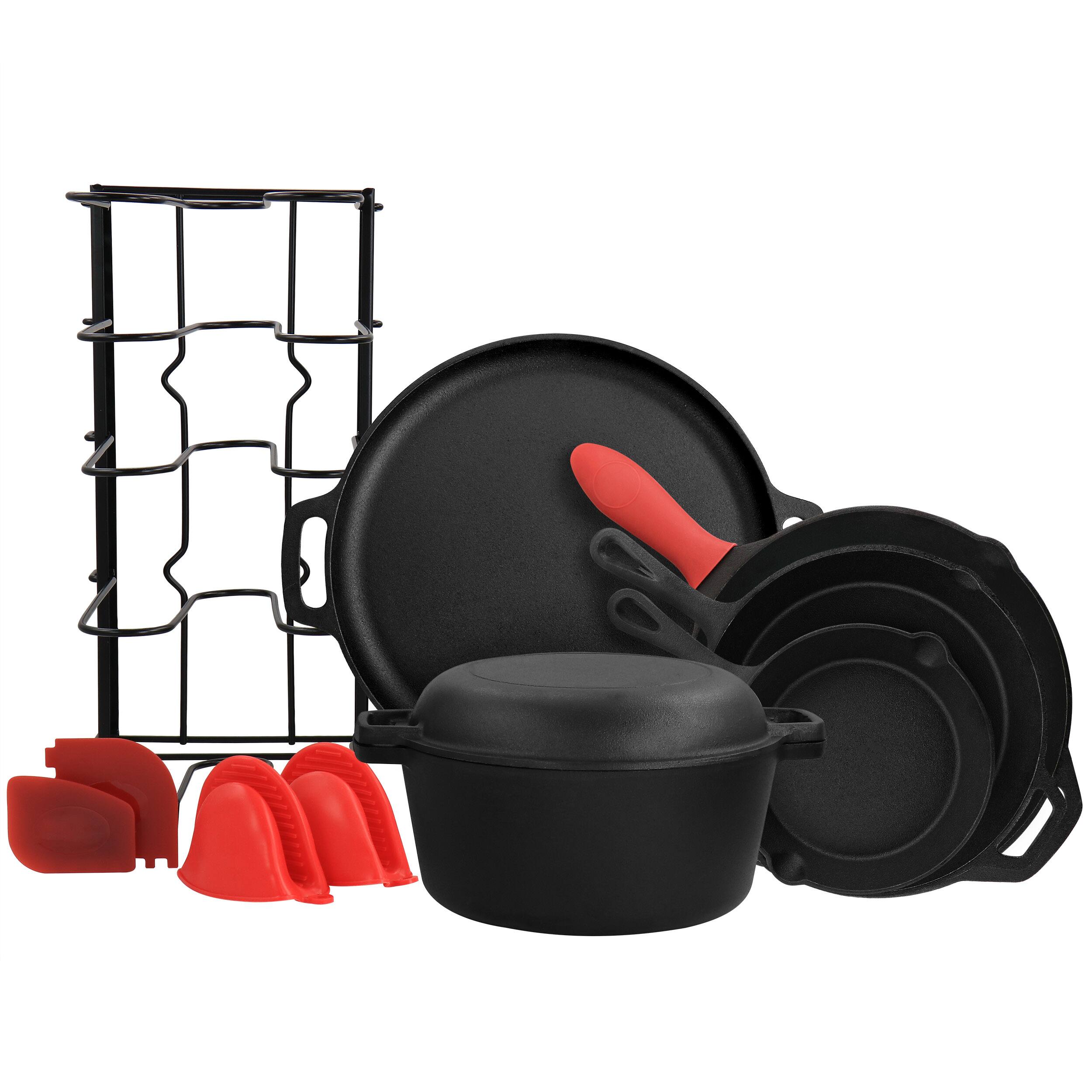 Front. MegaChef - MegaChef 12 Piece Round PreSeasoned Cast Iron Cookware Set - Black and Red.