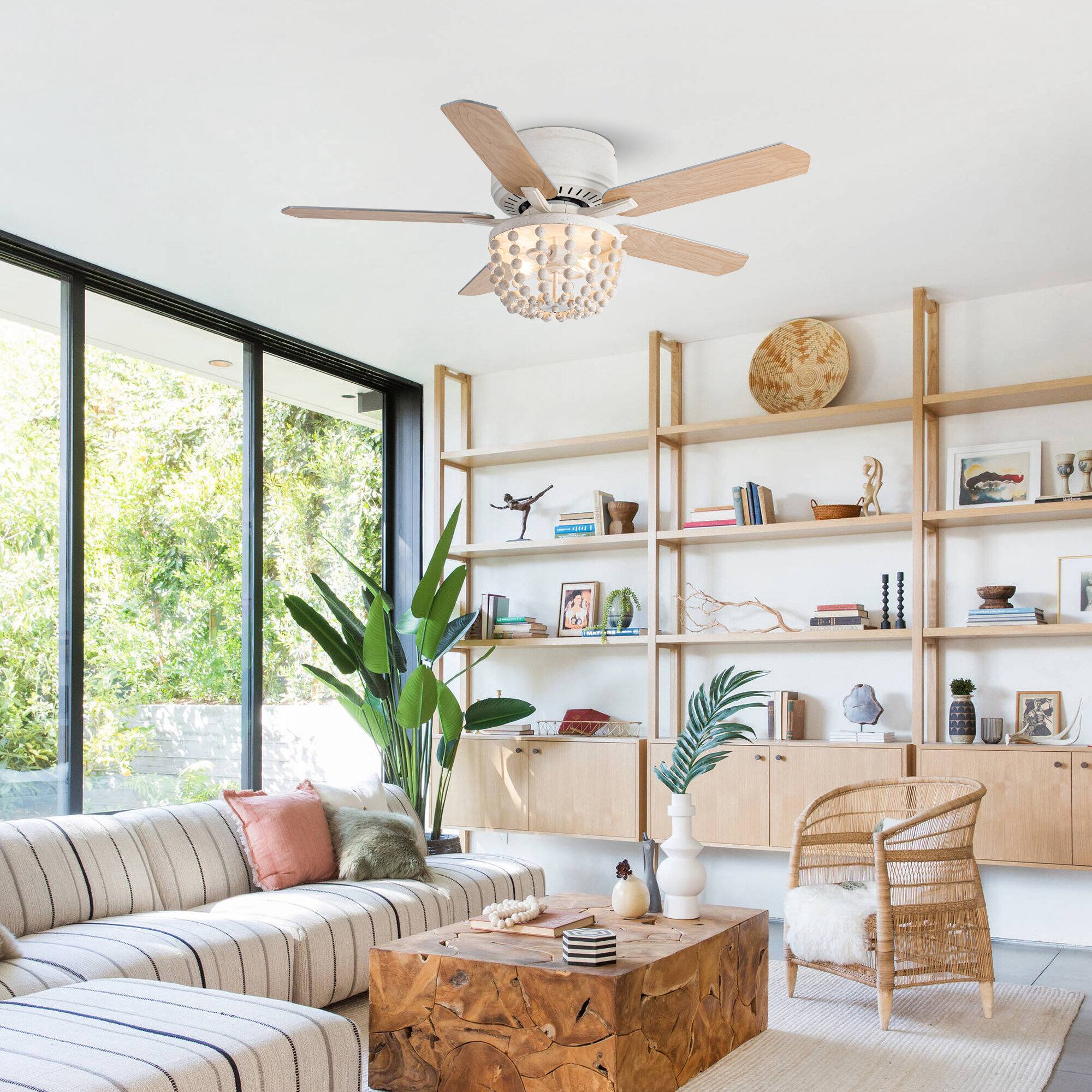 Back. Parrot Uncle - 48" Farmhouse Flush Mount Ceiling Fan with Light and Remote, White/Wood Grain Blades - Weathered Vintage White.