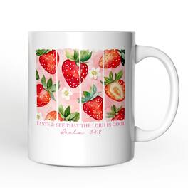 OrnamentallyYou - Taste and See That The Lord is Good Mug, Christian Faith Strawberry Gift - White