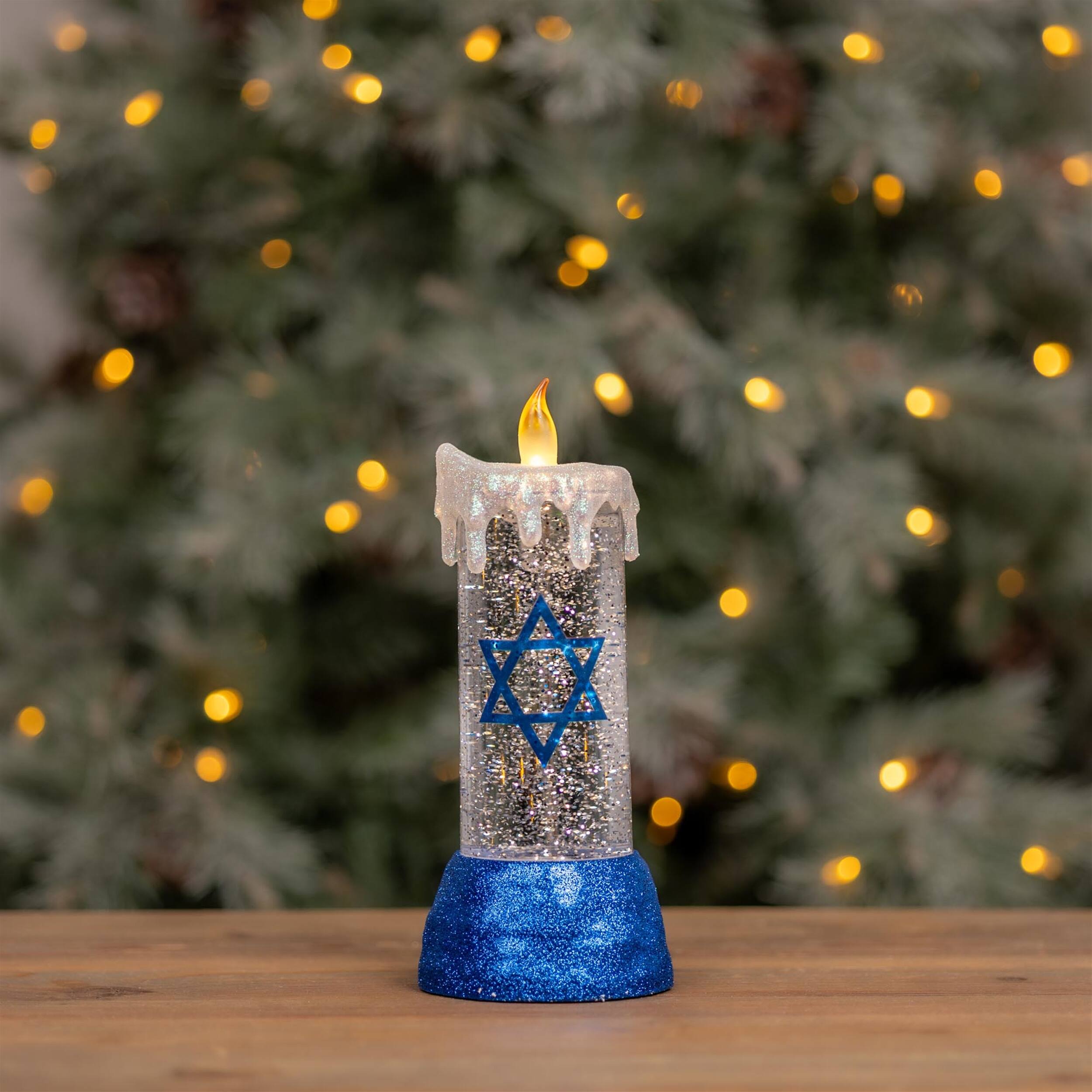 Angle. BreeBe - Hanukkah Candle Snow Globe 9.5"H - Blue, White.