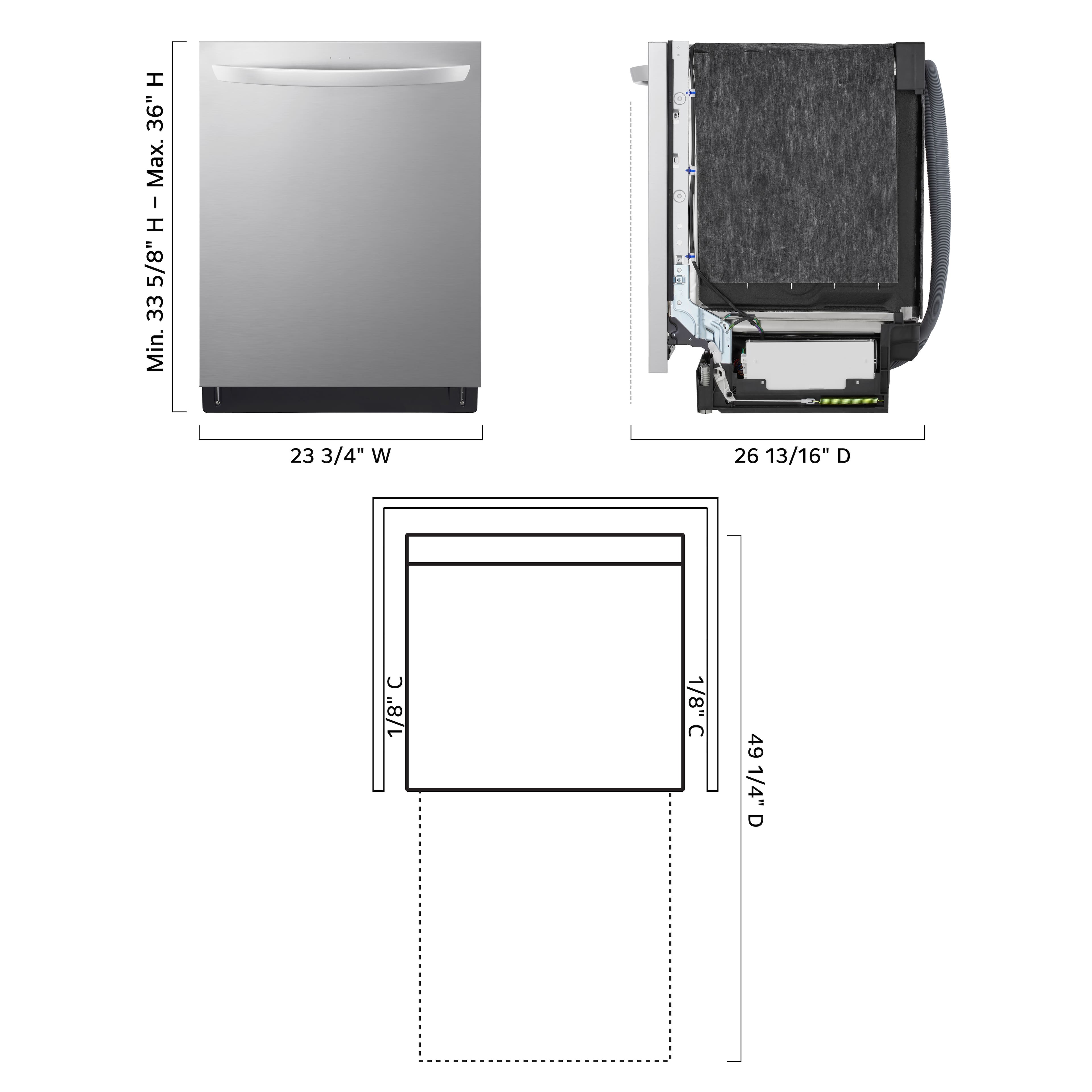 The text on the image reads:
H 36" Max. I 5/8" H - Max 5/8" H 33 Min. 23 3/4" W 26 13/16" D 1/8" 1/8"C C 49 1/4" D
This text is grouped and corrected as follows:
H 36" Max. I 5/8" H - Max 5/8" H 33 Min. 23 3/4" W 26 13/16" D 1/8" 1/8"C C 49 1/4" D