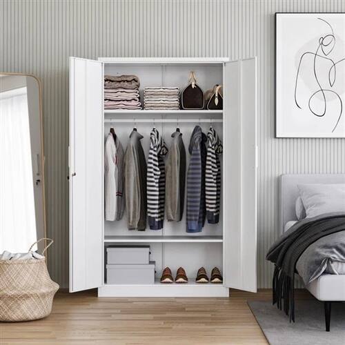 Left. SlickBlue - Lockable Metal Armoire Cabinet with Hanging Rod for Bedroom Storage - White.