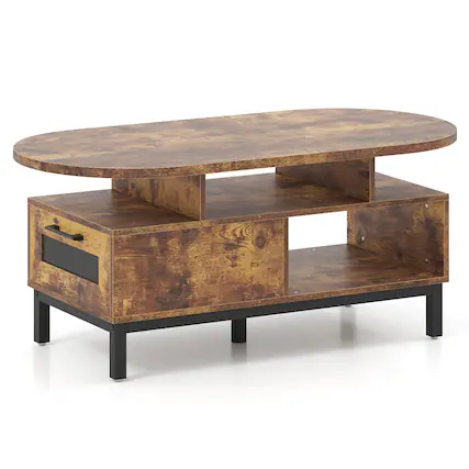 Front. Costway - Costway 47" Oval Top Coffee Table with 4 Open Compartments & Drawer, 5 support legs - Brown.