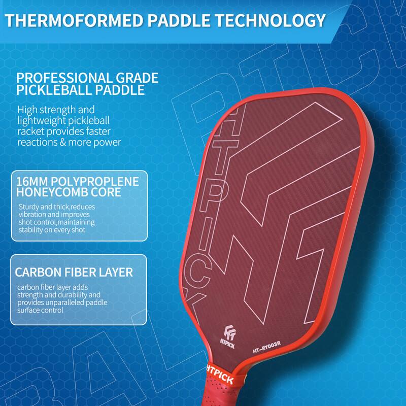 **THERMOFORMED PADDLE TECHNOLOGY**

**PROFESSIONAL GRADE PICKLEBALL PADDLE**

High strength and lightweight pickleball racket provides faster reactions & more power

**16MM POLYPROPYLENE HONEYCOMB CORE**

Sturdy and thick, reduces vibration and improves shot control, maintaining stability on every shot

**CARBON FIBER LAYER**

Carbon fiber layer adds strength and durability and provides unparalleled paddle surface control

HTPICK  
HT-RYO03R