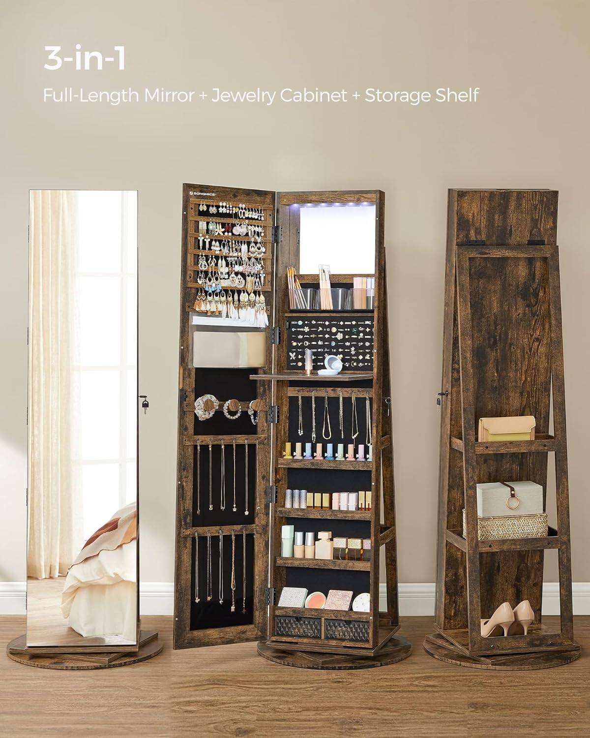 3-in-1 Full-Length Mirror + Jewelry Cabinet + Storage Shelf
