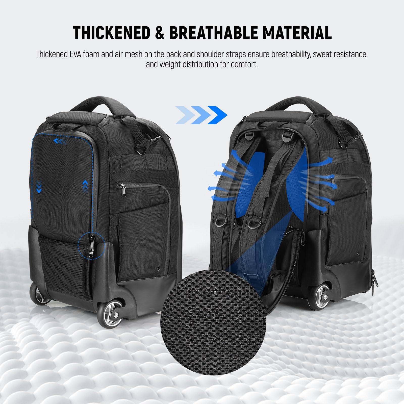 THICKENED & BREATHABLE MATERIAL

Thickened EVA foam and air mesh on the back and shoulder straps ensure breathability, sweat resistance, and weight distribution for comfort.