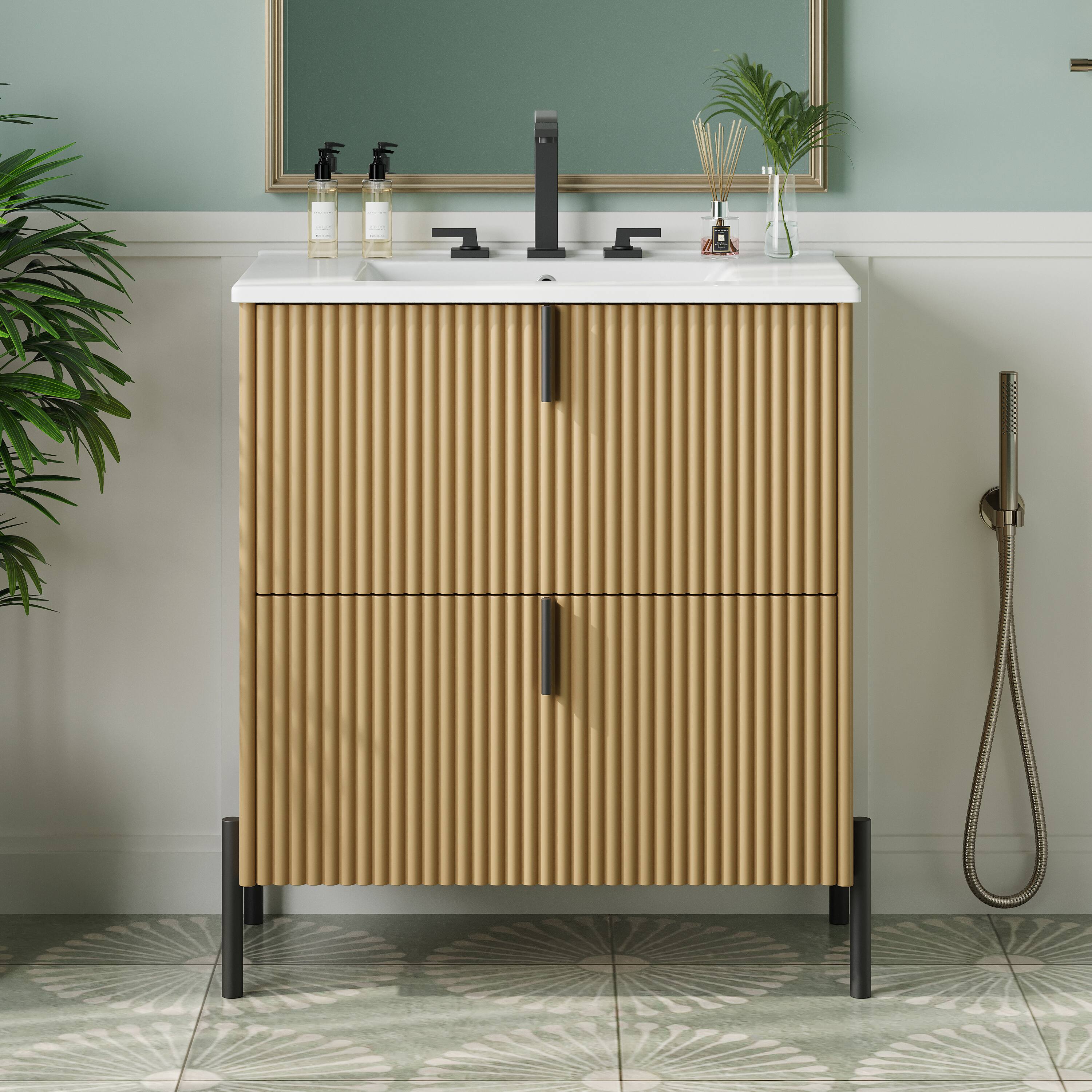 Back. Loheer - 2.5 ft Bathroom Vanity with Ceramic Sink, Full Extension Drawers - Natural.