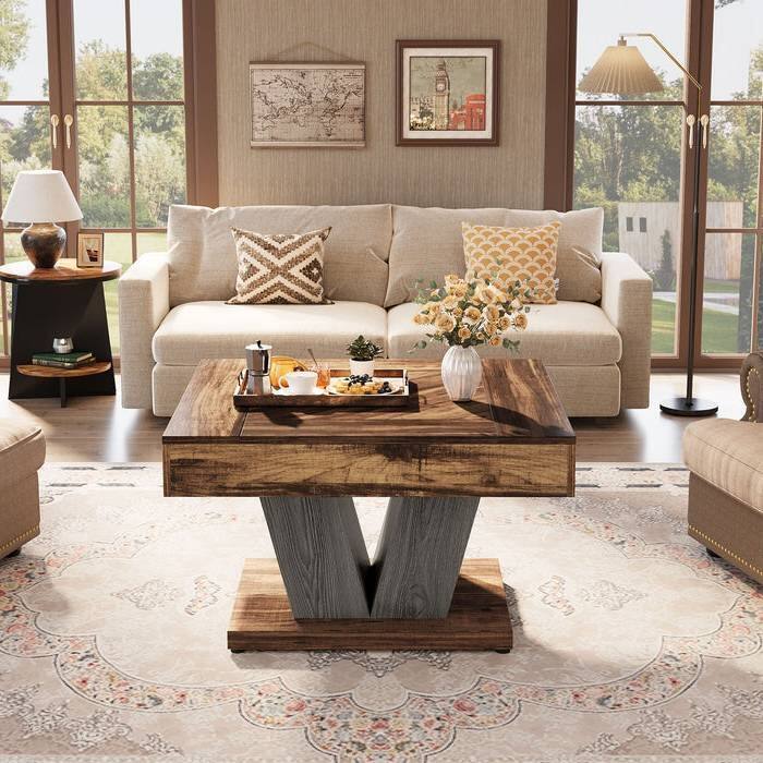 Left. SlickBlue - Square Farmhouse Coffee Table with Wood Finish for Living Room - Brown.