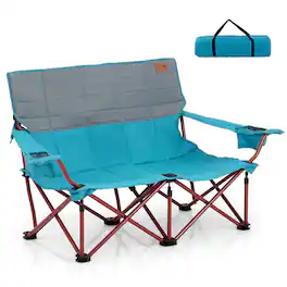 Gymax - Oversized Camping Chair Folding Loveseat Camping Couch w/ Cup Holders & Padding - Navy