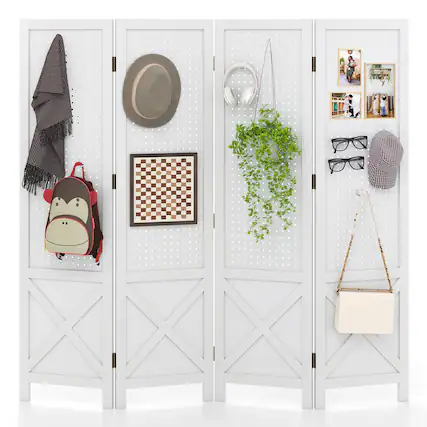 Front. Costway - Costway 4-Panel Pegboard Display Stand, 4.7 FT Folding Room Divider, Freestanding Screen - White.
