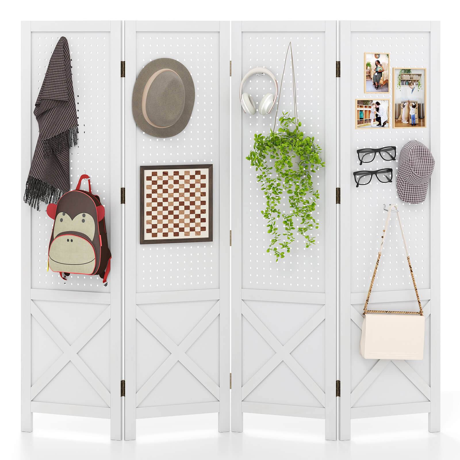Front. Costway - Costway 4-Panel Pegboard Display Stand, 4.7 FT Folding Room Divider, Freestanding Screen - White.