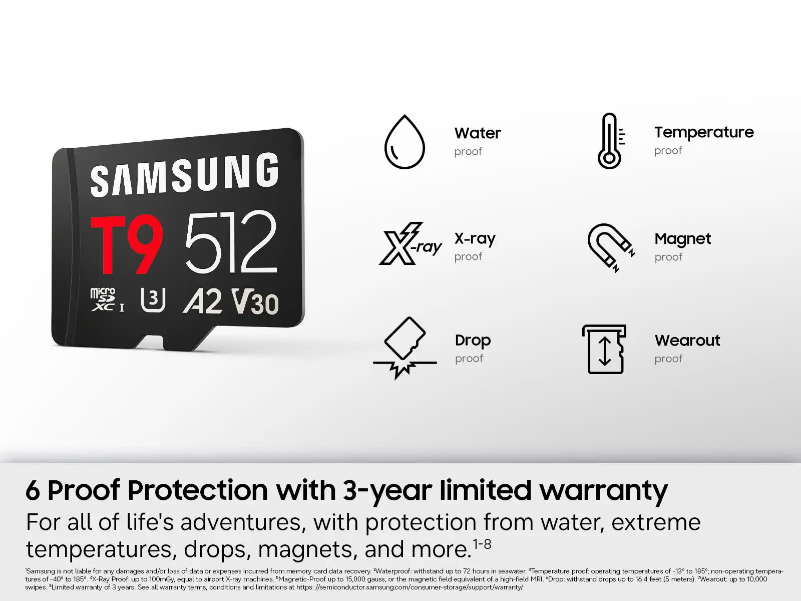 SAMSUNG T9 512 microSDXC I A2 V30  
Water proof  
X-ray proof  
Drop proof  
Temperature proof  
Magnet proof  
Wearout proof  

6 Proof Protection with 3-year limited warranty  
For all of life's adventures, with protection from water, extreme temperatures, drops, magnets, and more.  

*Samsung is not liable for any damages and/or loss of data or expenses incurred from memory card data recovery.  
"Waterproof: withstand up to 72 hours in seawater.  
Temperature proof: operating temperatures of -13°C to 185°C, non-operating temperatures of -40°C to 105°C.  
X-Ray Proof up to 100mGy, equal to airport X-ray machines.  
Magnetic-Proof up to 15,000 gauss, or the magnetic field equivalent of a high-field MRI.  
Drop withstand drops up to 16.4 feet (5 meters).  
Wearout up to 10,000 swipes.  
Limited warranty of 3 years.  
See all warranty terms, conditions, and limitations at https://semiconductor.samsung.com/consumer-storage/support