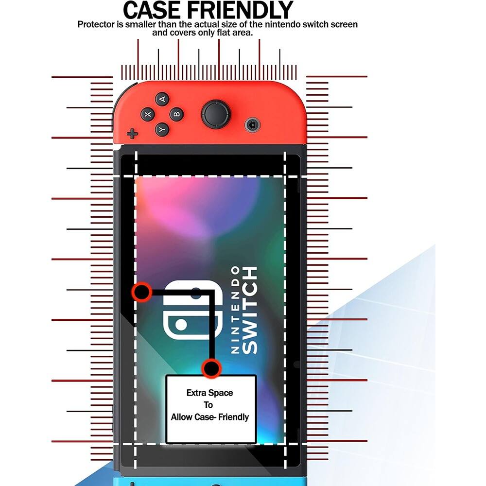 CASE FRIENDLY  
Protector is smaller than the actual size of the Nintendo Switch screen and covers only flat area.  

Extra Space To Allow Case-Friendly