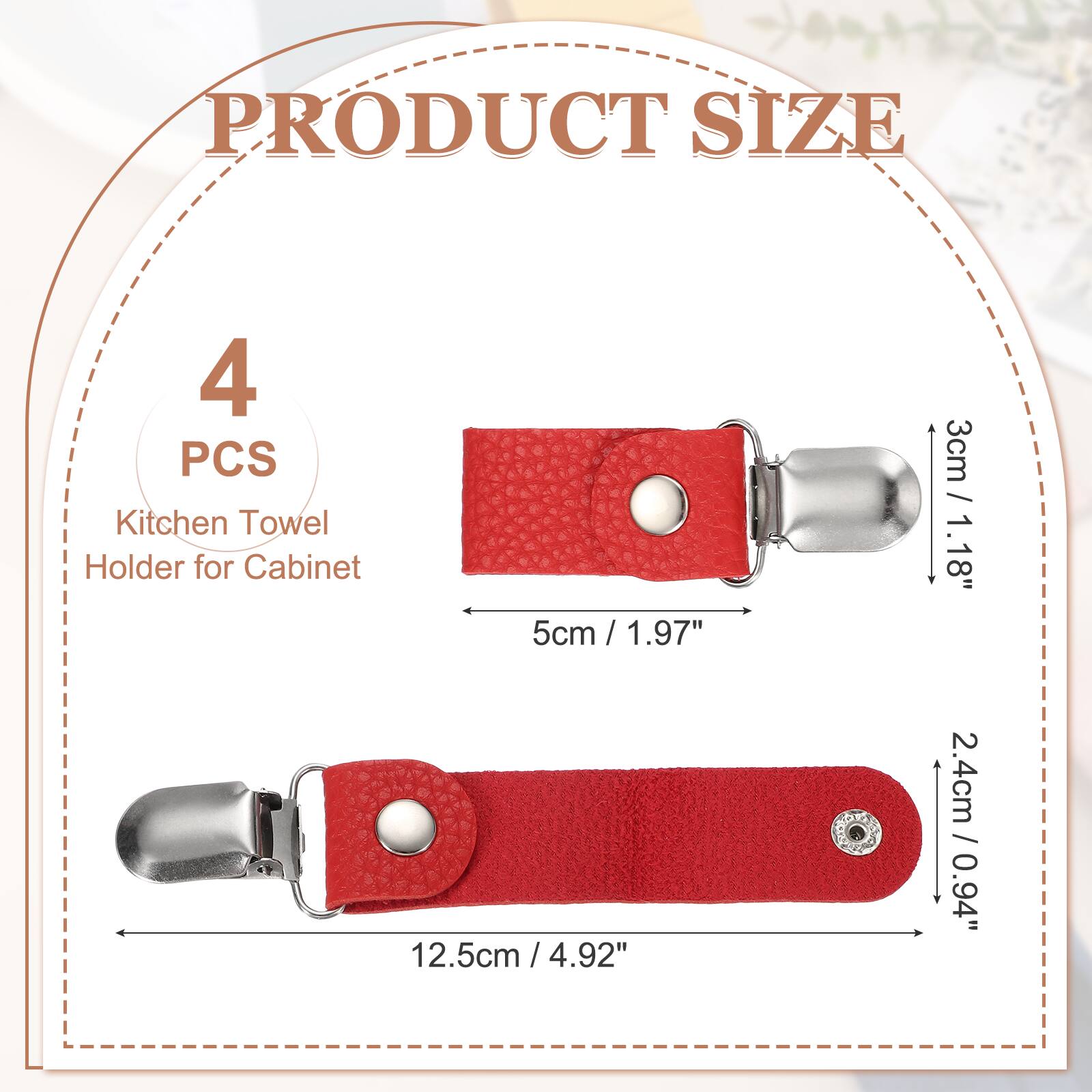 PRODUCT SIZE

4 PCS Kitchen Towel Holder for Cabinet

5cm / 1.97"  
3cm / 1.18"  
12.5cm / 4.92"  
2.4cm / 0.94"