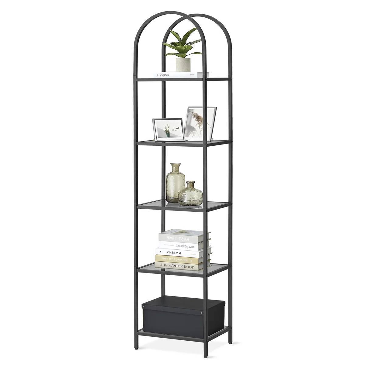 SlickBlue - Arched Top Metal Display Rack Bookcase with 5 Glass Storage Shelves - Black