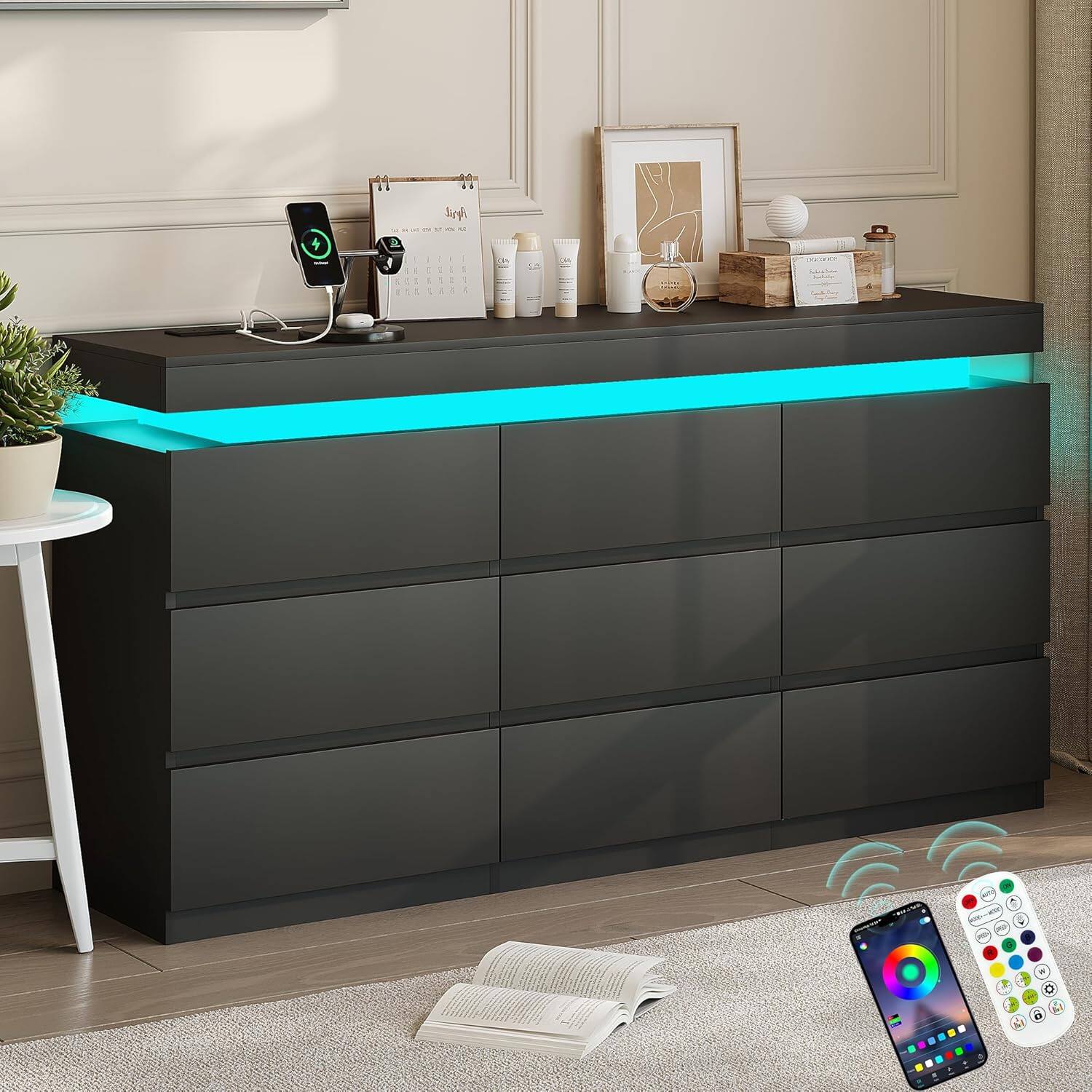 Angle. Vipbear - Vipbear Dyonery 9 Drawer Dresser with Power Outlet LED Light Organizer Cabinet, Modern Chest of Drawers for Closet - Black.
