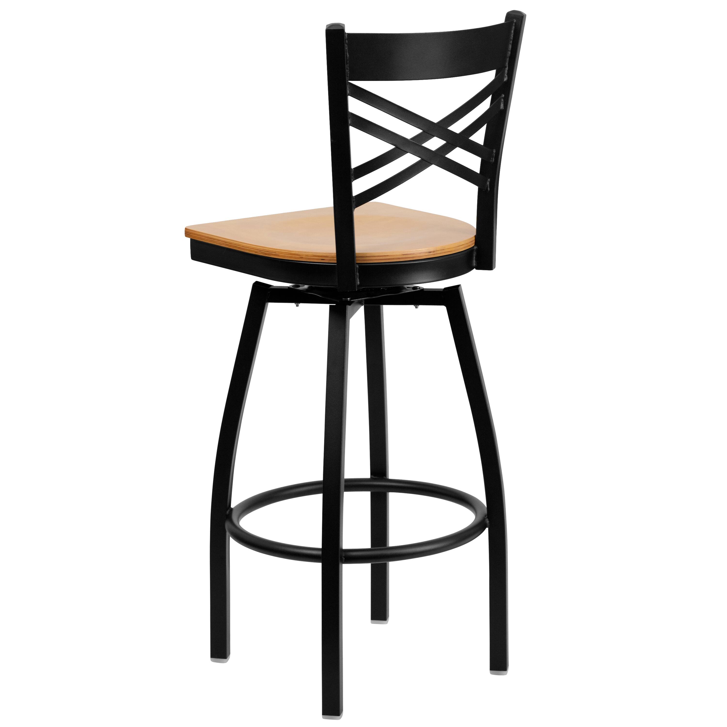 Alt View 3. Emma + Oliver - "X" Back Swivel Metal Restaurant Dining Barstool - Natural Wood Seat/Black Metal Frame.