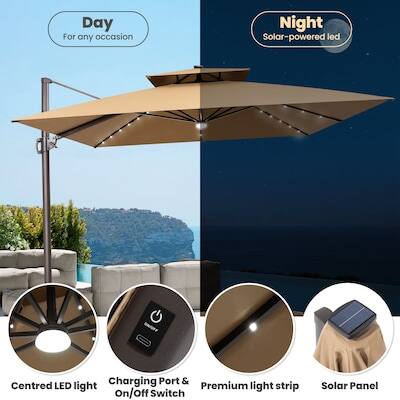 Day  
For any occasion  

Night  
Solar-powered LED  

Charging Port & On/off Switch  
Centred LED light  
Premium light strip  
Solar Panel