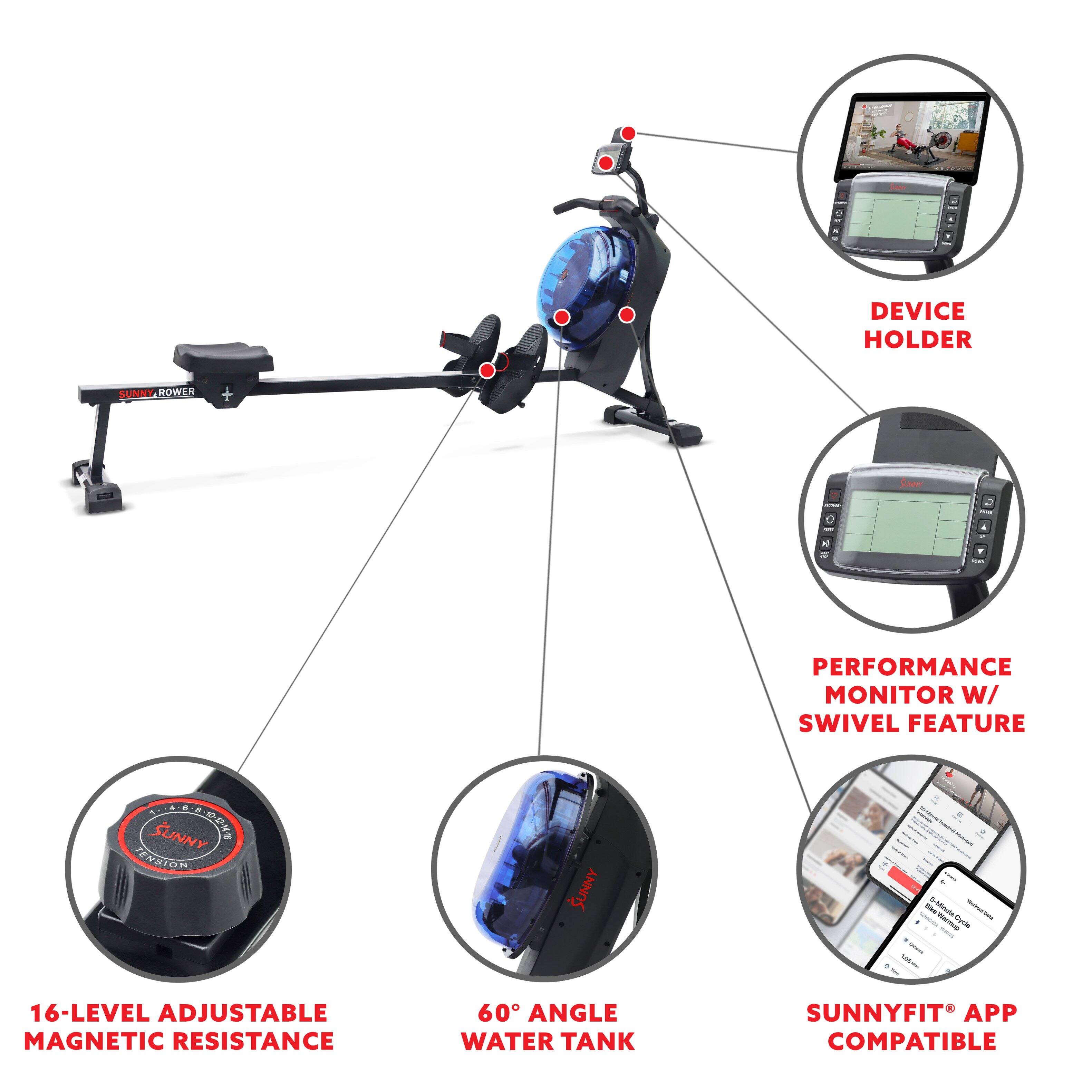 DEVICE HOLDER, PERFORMANCE MONITOR W/ SWIVEL FEATURE, 16-LEVEL ADJUSTABLE MAGNETIC RESISTANCE, 60° ANGLE WATER TANK, SUNNYFIT APP COMPATIBLE