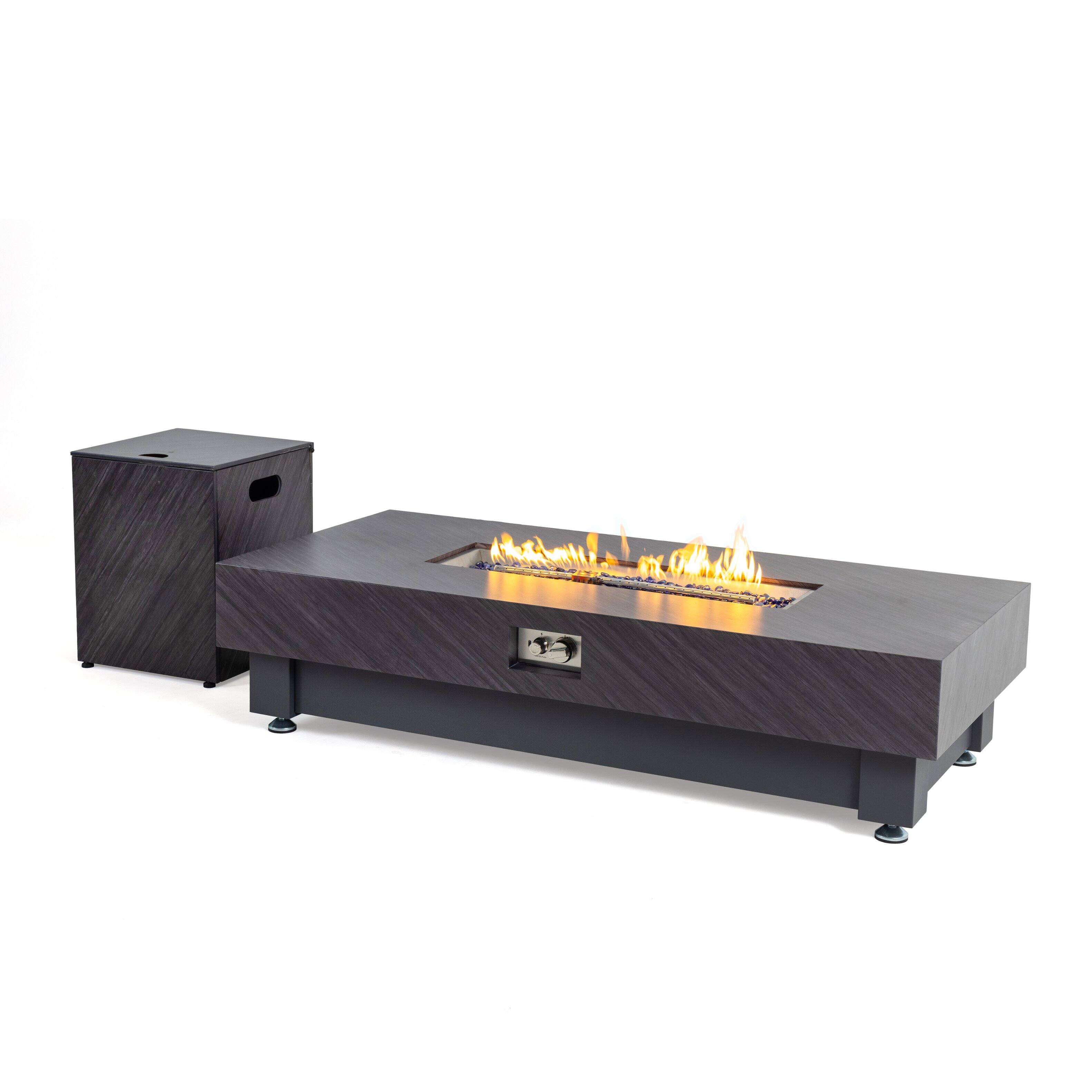 Front. APRILSOUL - 60 inch FIRE PIT TABLE Stone Outdoor Gas Fire Pit Table with Rain Cover Rectangular Heater - Black.