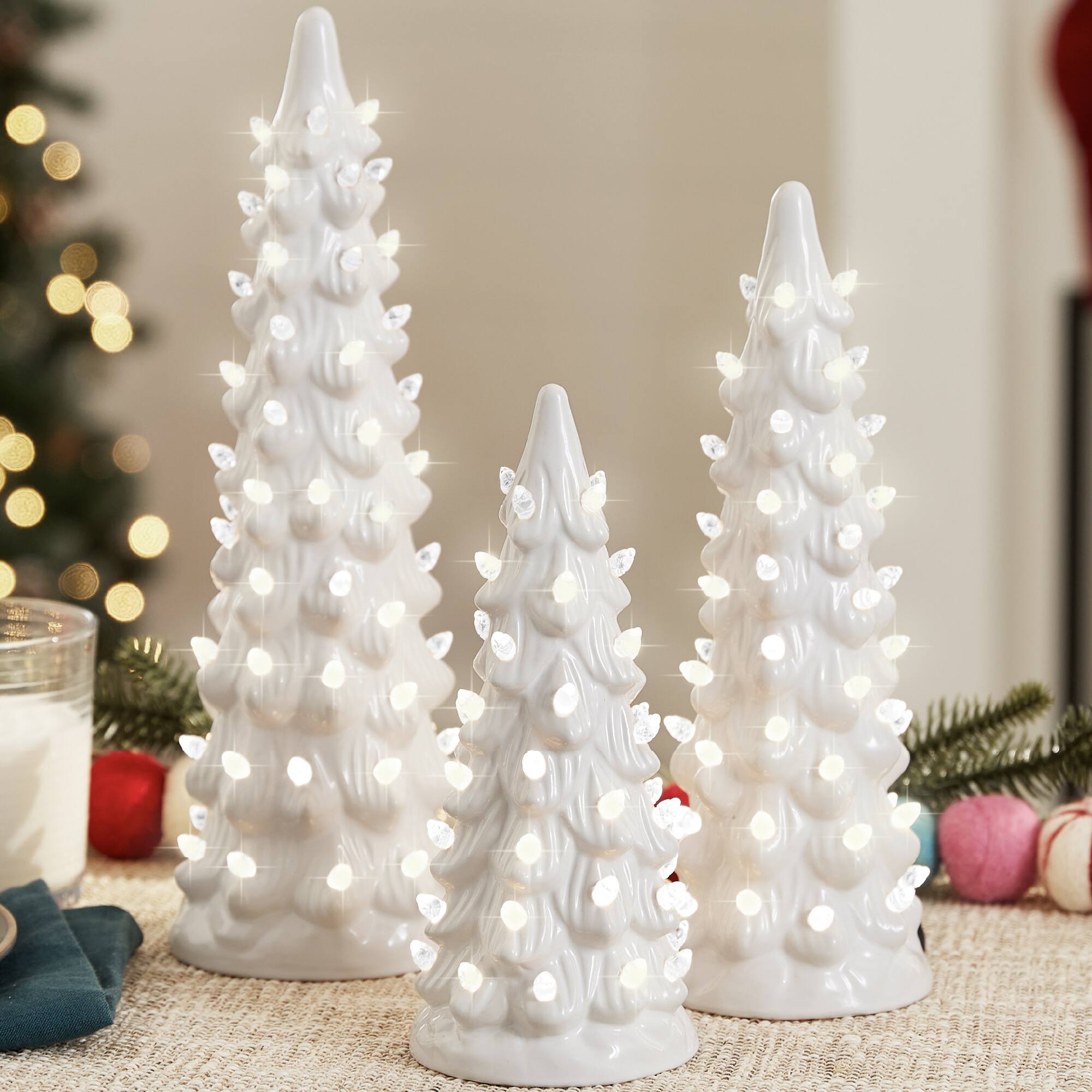 Best Choice Products - Set of 3 XL Pre-Lit Hand-Painted Ceramic Tabletop Christmas Trees w/Warm White Lights White - White w/ Warm White Lights