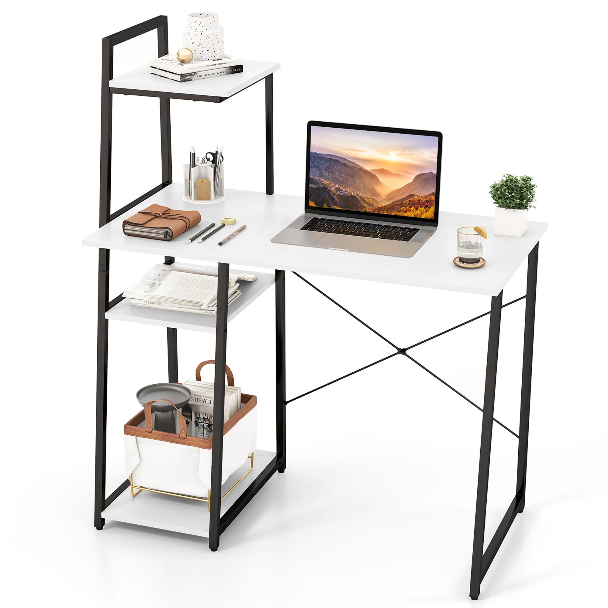 Alt View 9. Gymax - Gymax Computer Desk w/ Shelves 3-Tier Storage Bookshelf Ladder-shaped Metal Frame - White, Black.