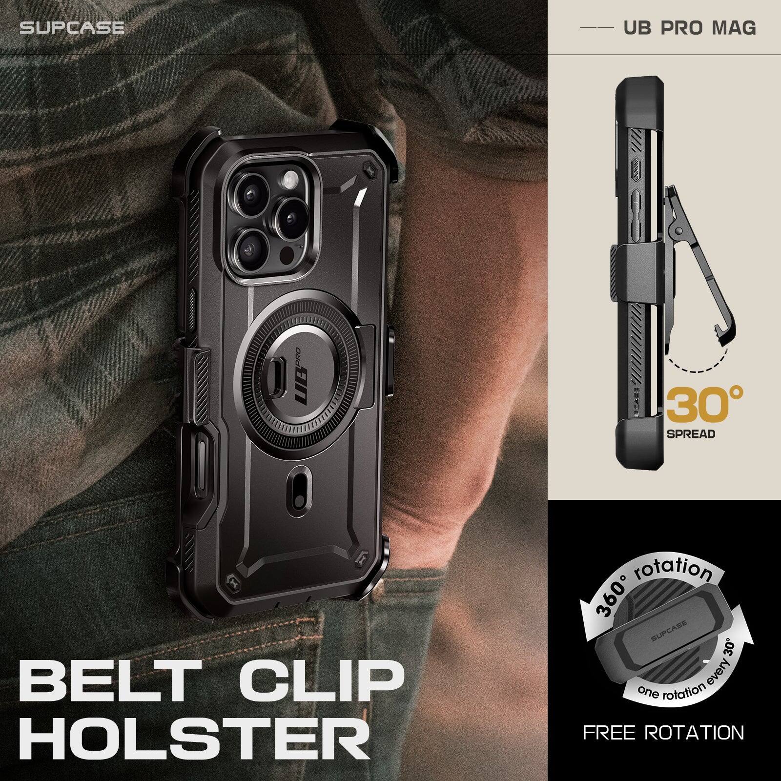 SUPCASE UB PRO MAG: 30° SPREAD BELT CLIP HOLSTER, 360° FREE ROTATION, one rotation every 30°