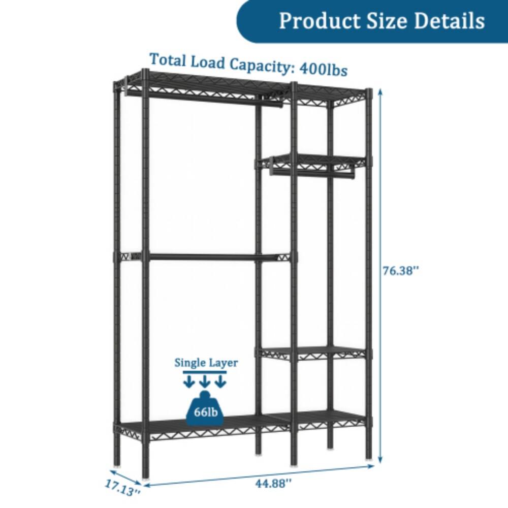 Product Size Details

Total Load Capacity: 400lbs

Single Layer: 66lb

Dimensions:
- Height: 76.38"
- Width: 44.88"
- Depth: 17.13"