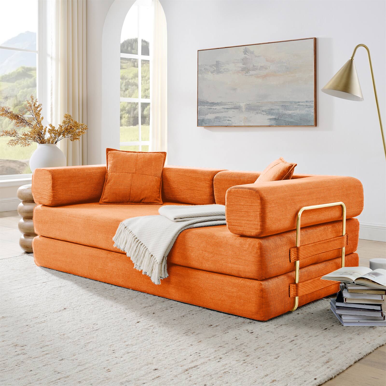 Back. Trinkets Crazed - 4-In-1 Free Combination Loveseat Convertible Sleeper Sofa Bed Floding Futon Couch Corduroy Modular Sofa Couch - Orange.