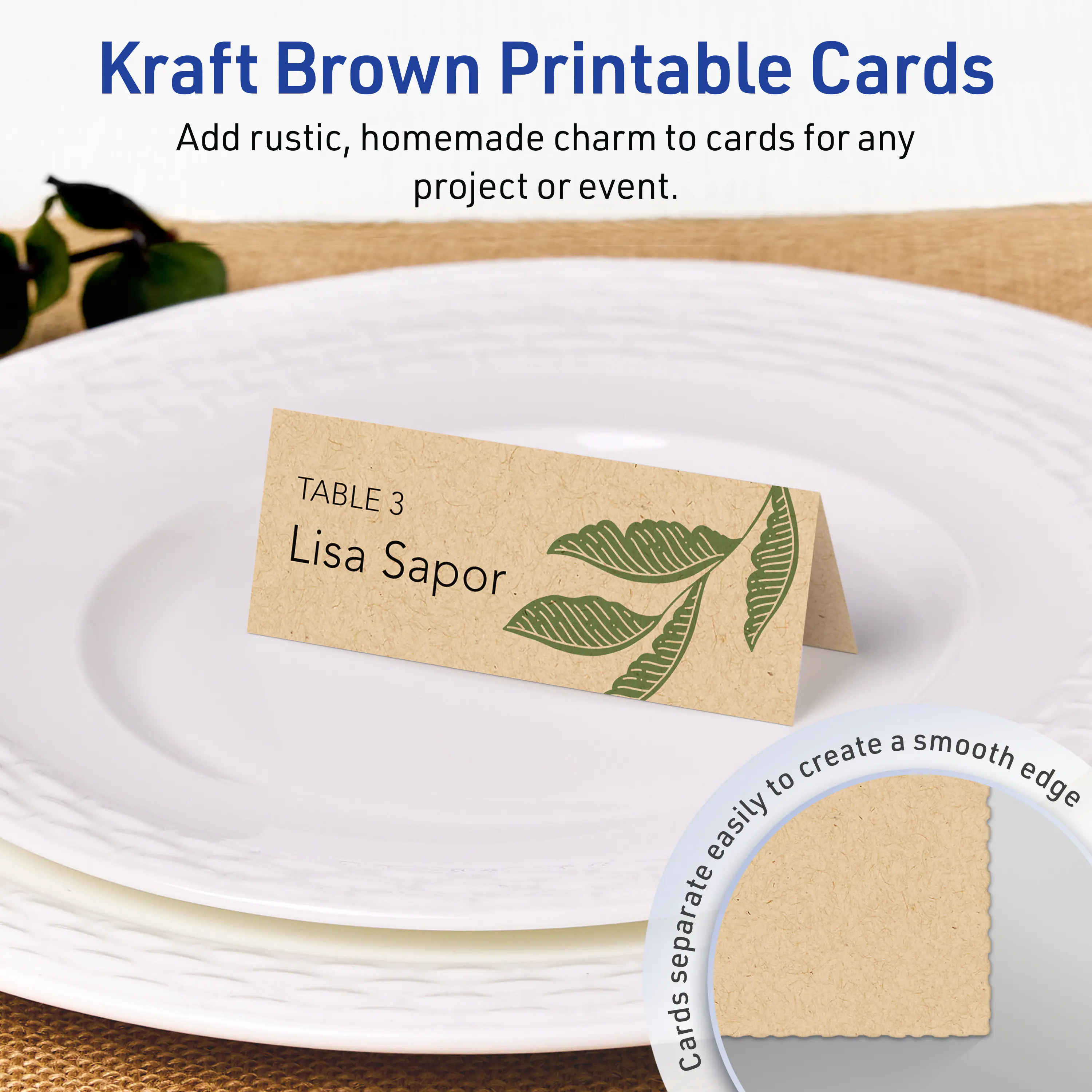 Kraft Brown Printable Cards  
Add rustic, homemade charm to cards for any project or event.

TABLE 3  
Lisa Sapor

Cards separate easily to create a smooth edge