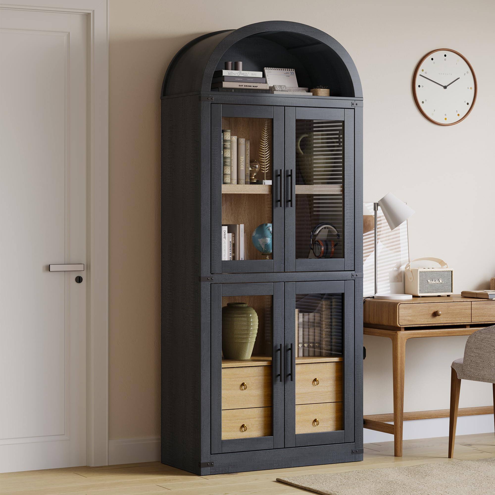 Front. Babevy - 71.4" Arched Farmhouse Bookcase with Doors & Drawers, 15.8" Deep Wooden Display Cabinet for Living Room & Office - Black.