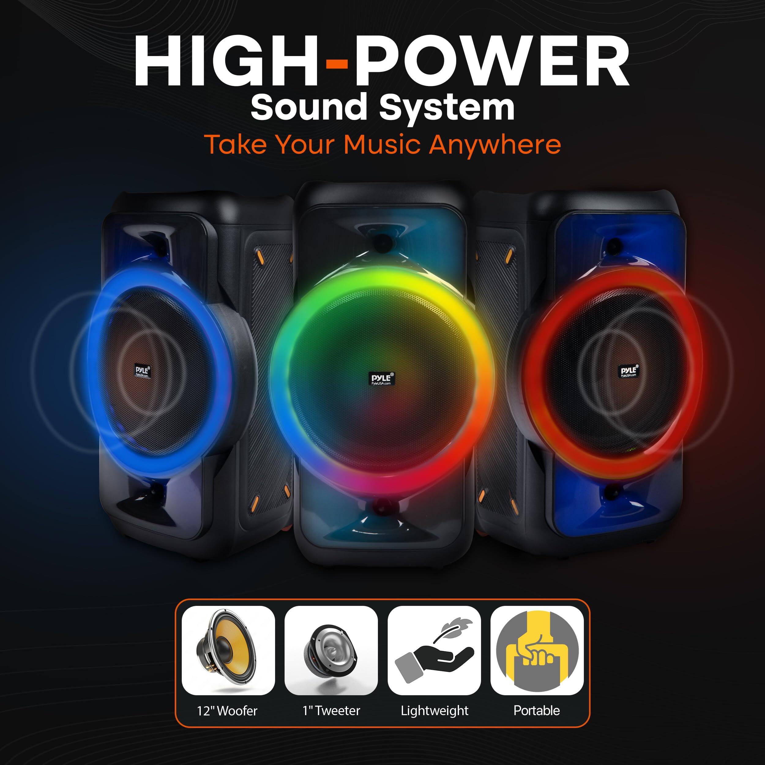 HIGH-POWER  
Sound System  
Take Your Music Anywhere  

12" Woofer  
1" Tweeter  
Lightweight  
Portable
