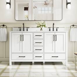 WELLFOR - 60 in Bathroom Vanity with Double Sink, Solid Wood Bathroom Cabinet with 4 Doors& 6 Drawers,Matte Black Handle - White