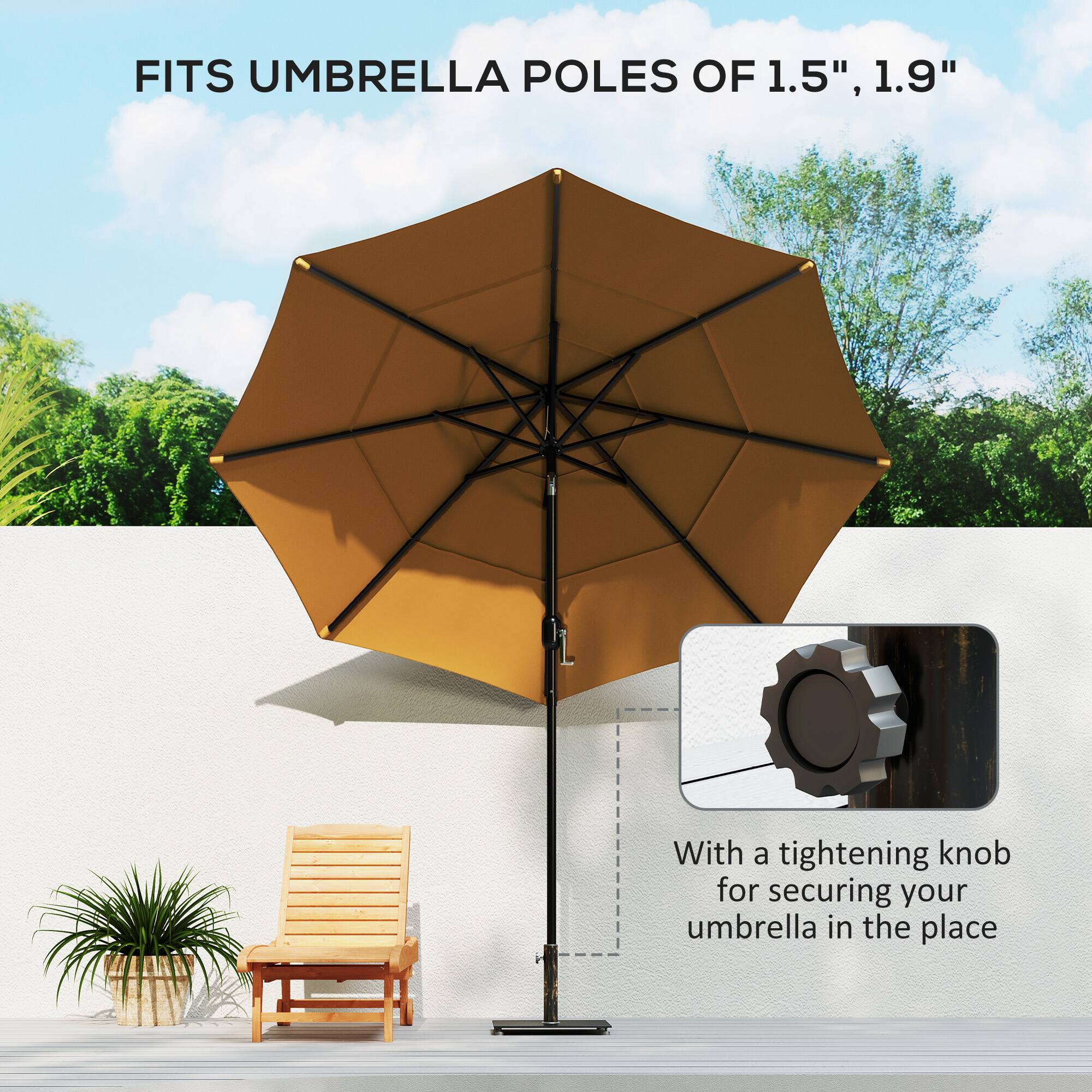 FITS UMBRELLA POLES OF 1.5", 1.9" With a tightening knob for securing your umbrella in the place